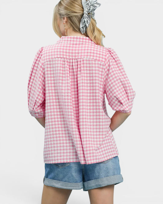 Pink Gingham Puff Sleeve Top
