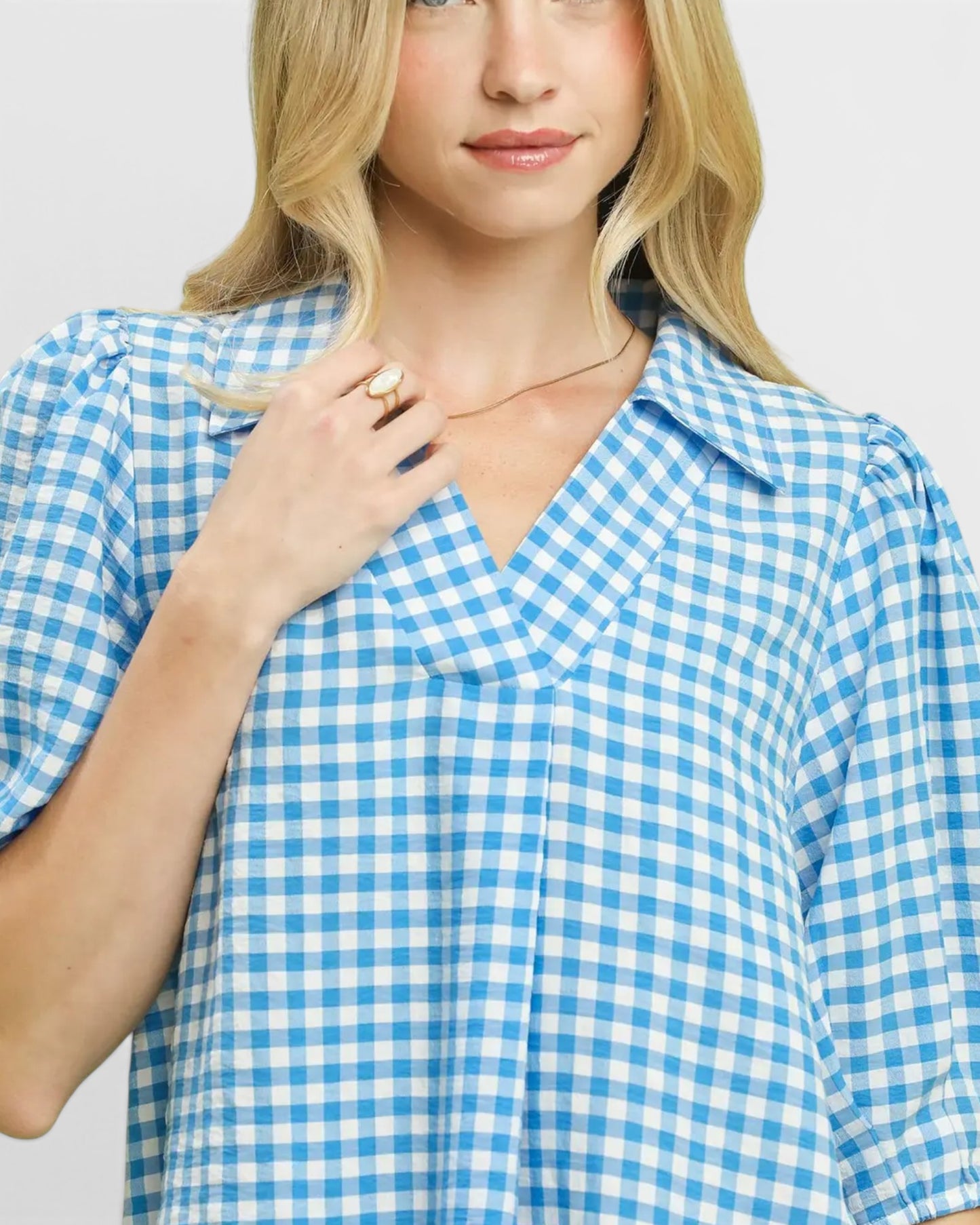Blue Gingham Puff Sleeve Top