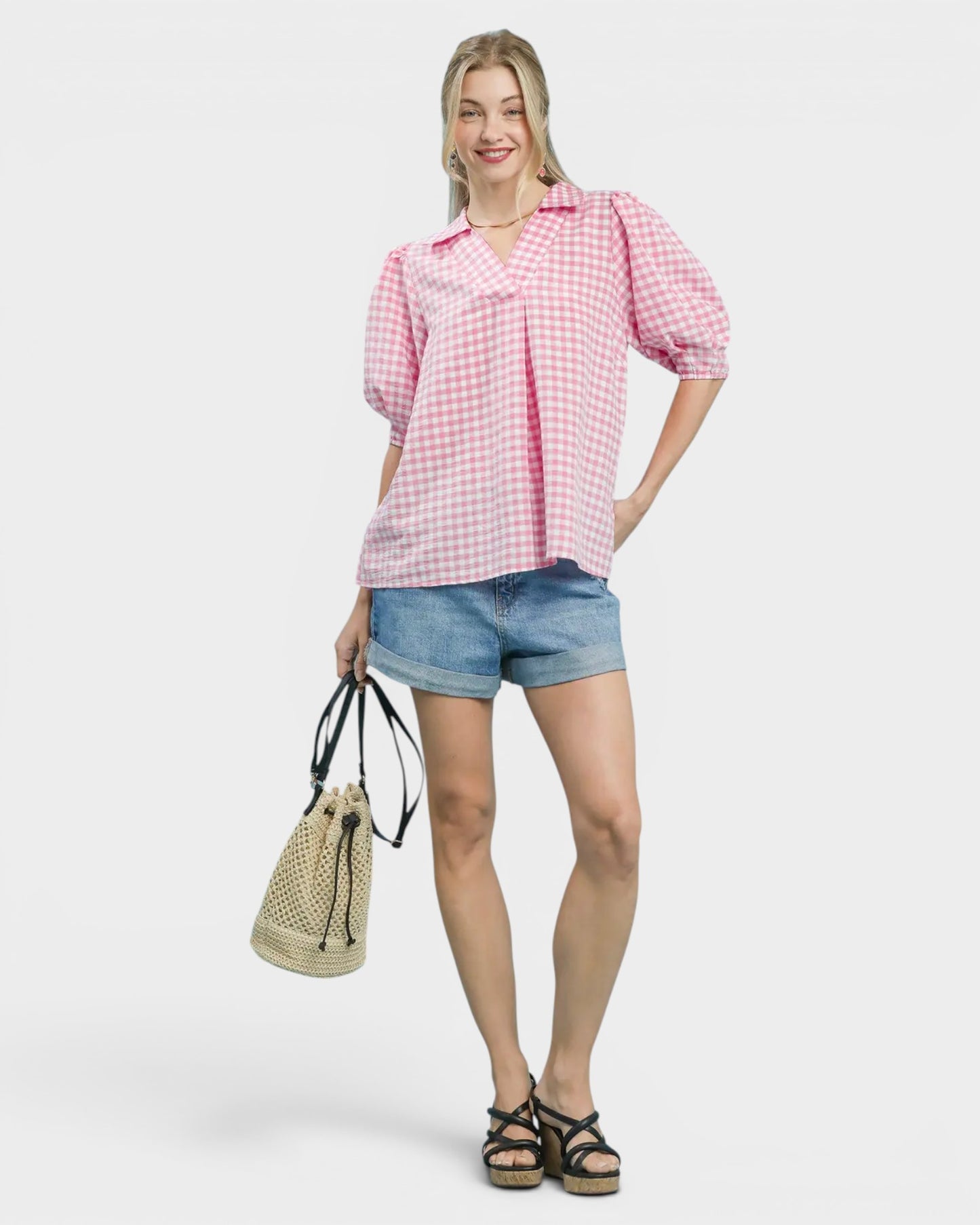 Pink Gingham Puff Sleeve Top