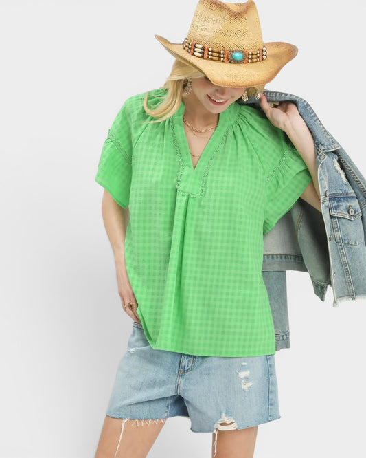 Spring Green Textured Flutter Sleeve Blouse