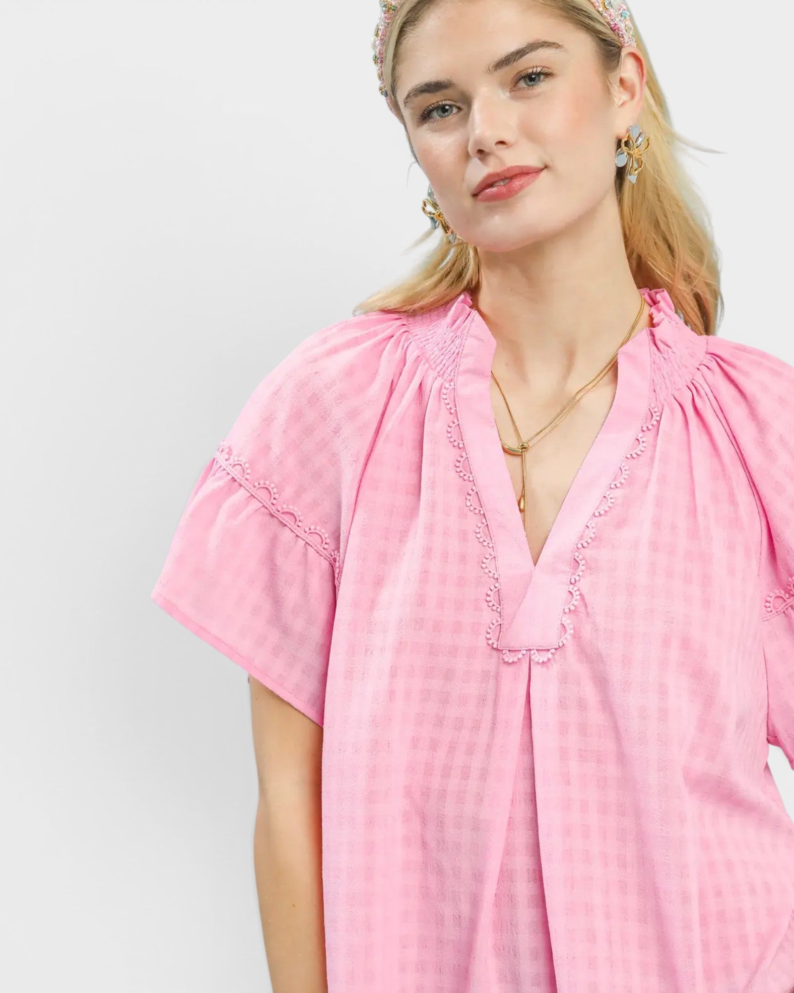 Pink Textured Flutter Sleeve Blouse