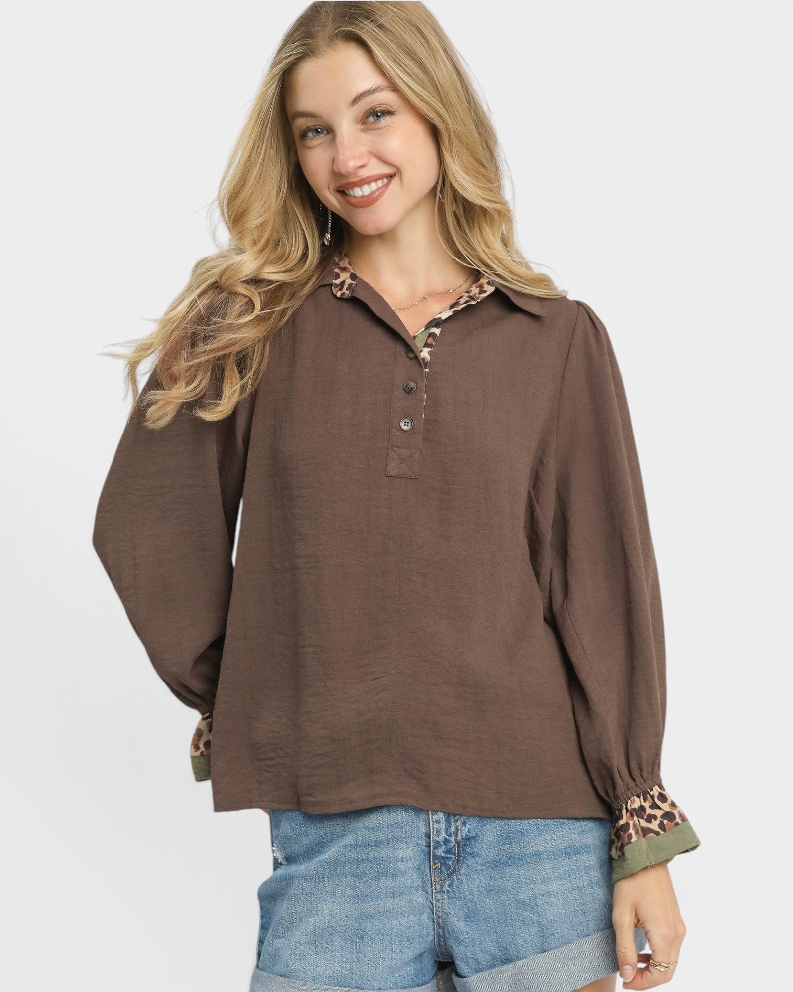 Chocolate Leopard Trim Puff Sleeve Blouse