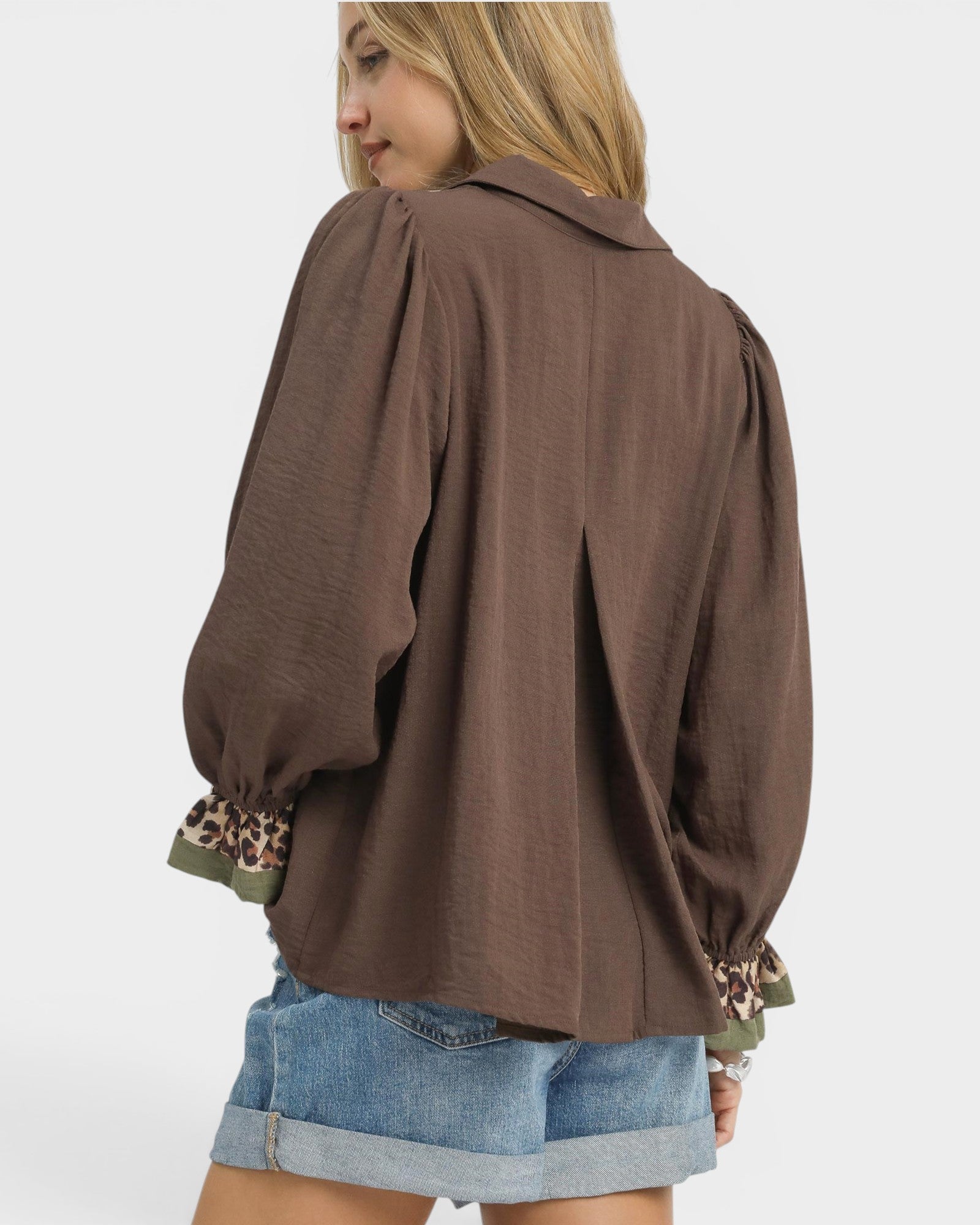 Chocolate Leopard Trim Puff Sleeve Blouse