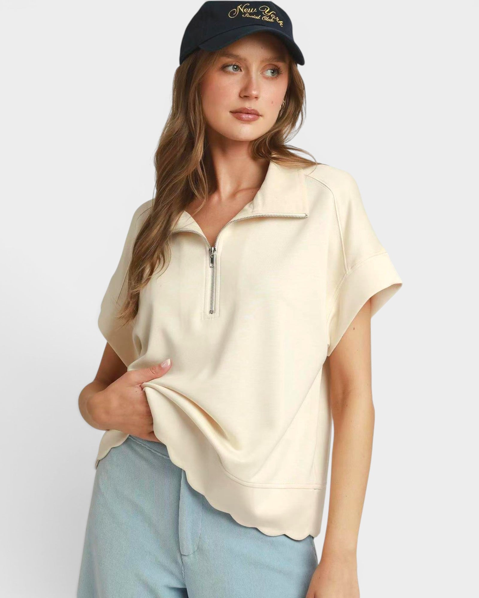 Cream Scallop Hem Quarter Zip Top
