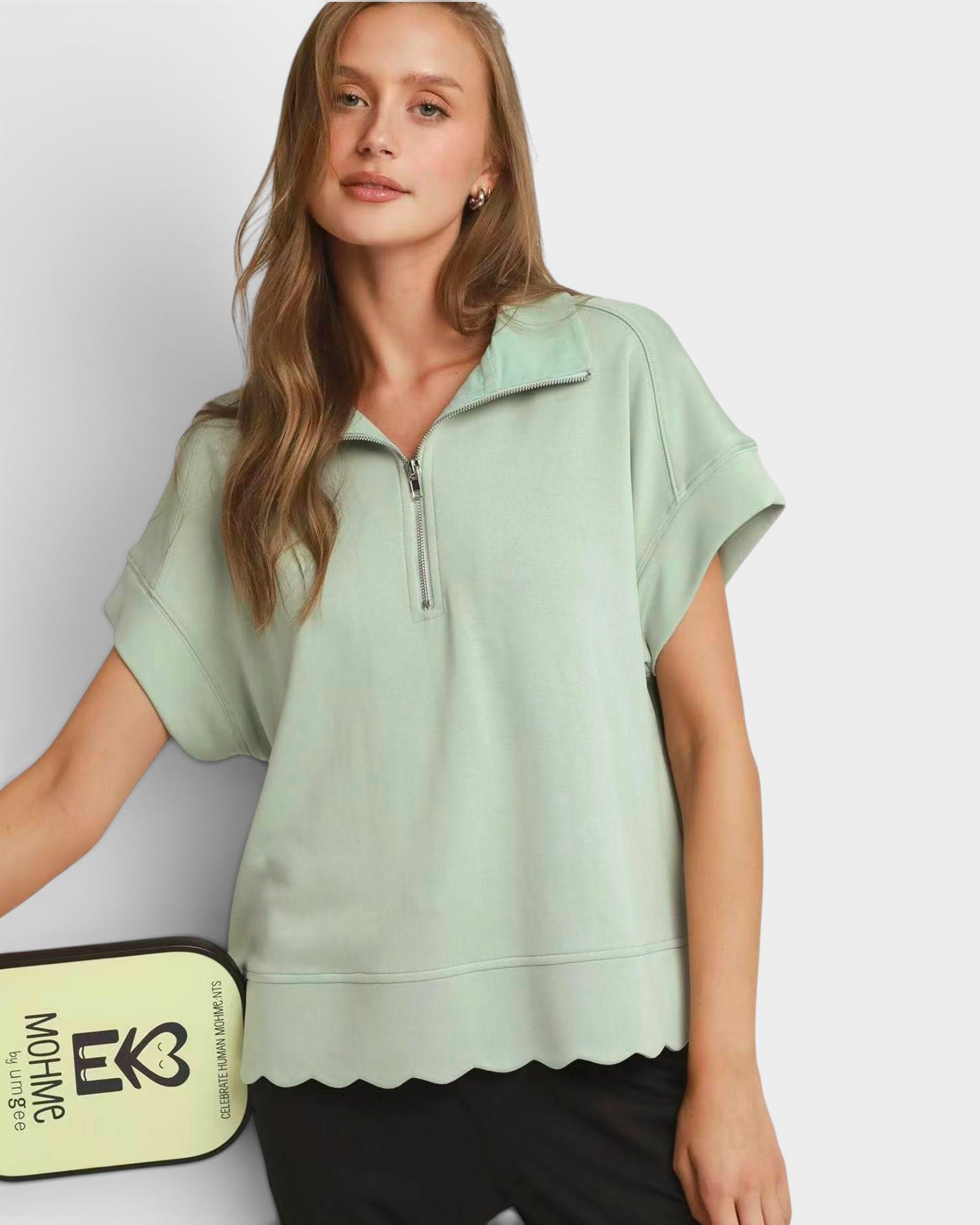 Sage Scallop Hem Quarter Zip Top