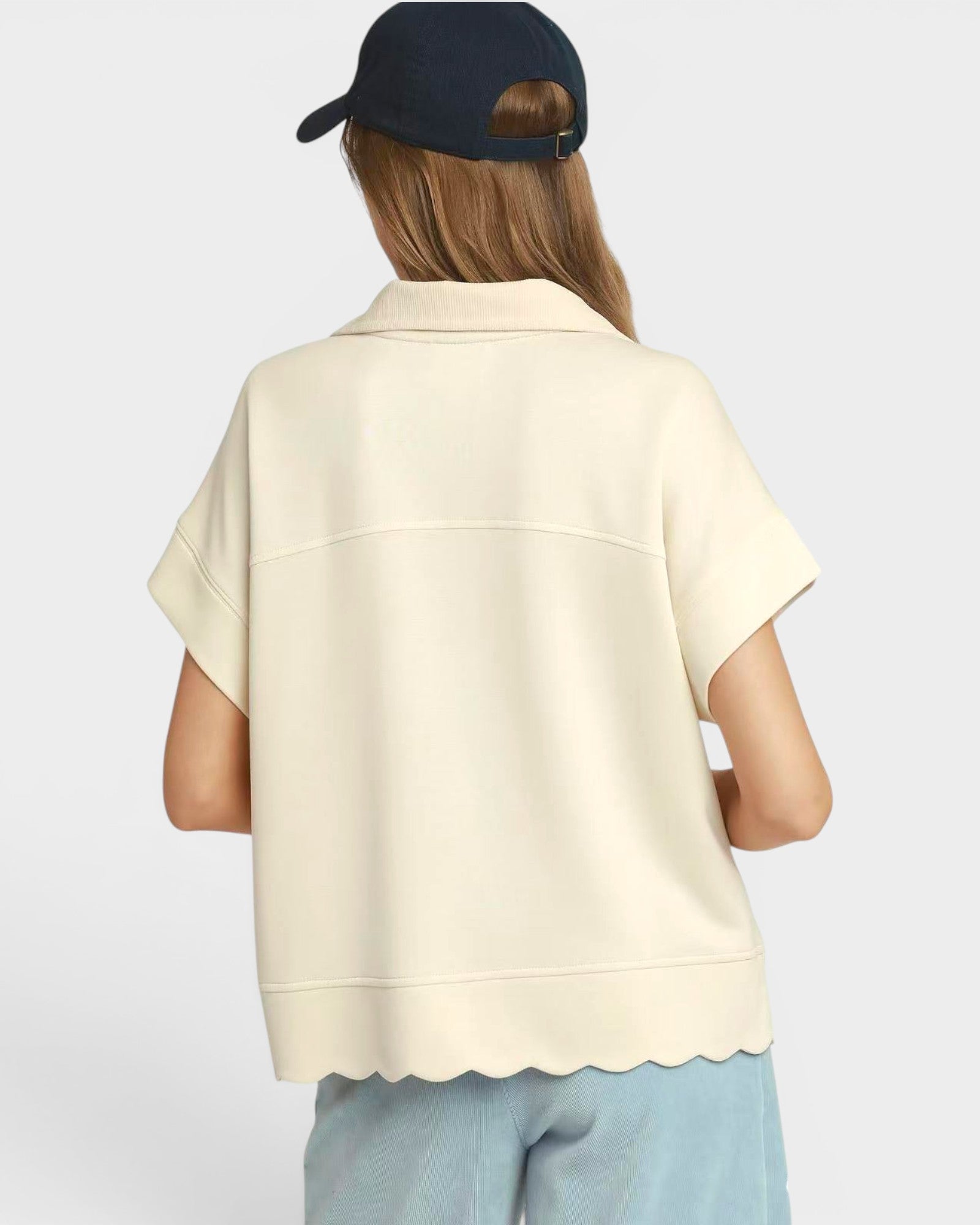 Cream Scallop Hem Quarter Zip Top