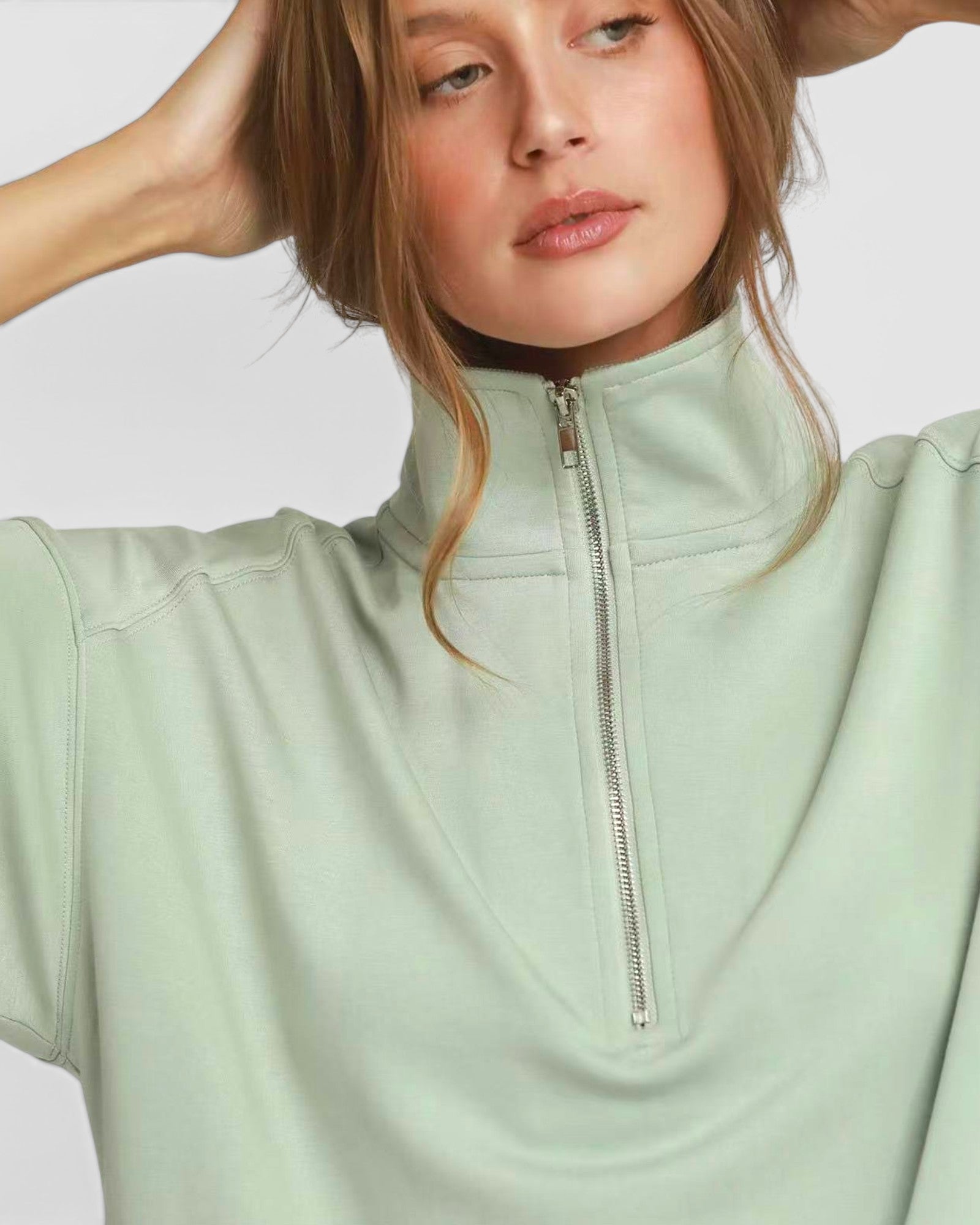 Sage Scallop Hem Quarter Zip Top