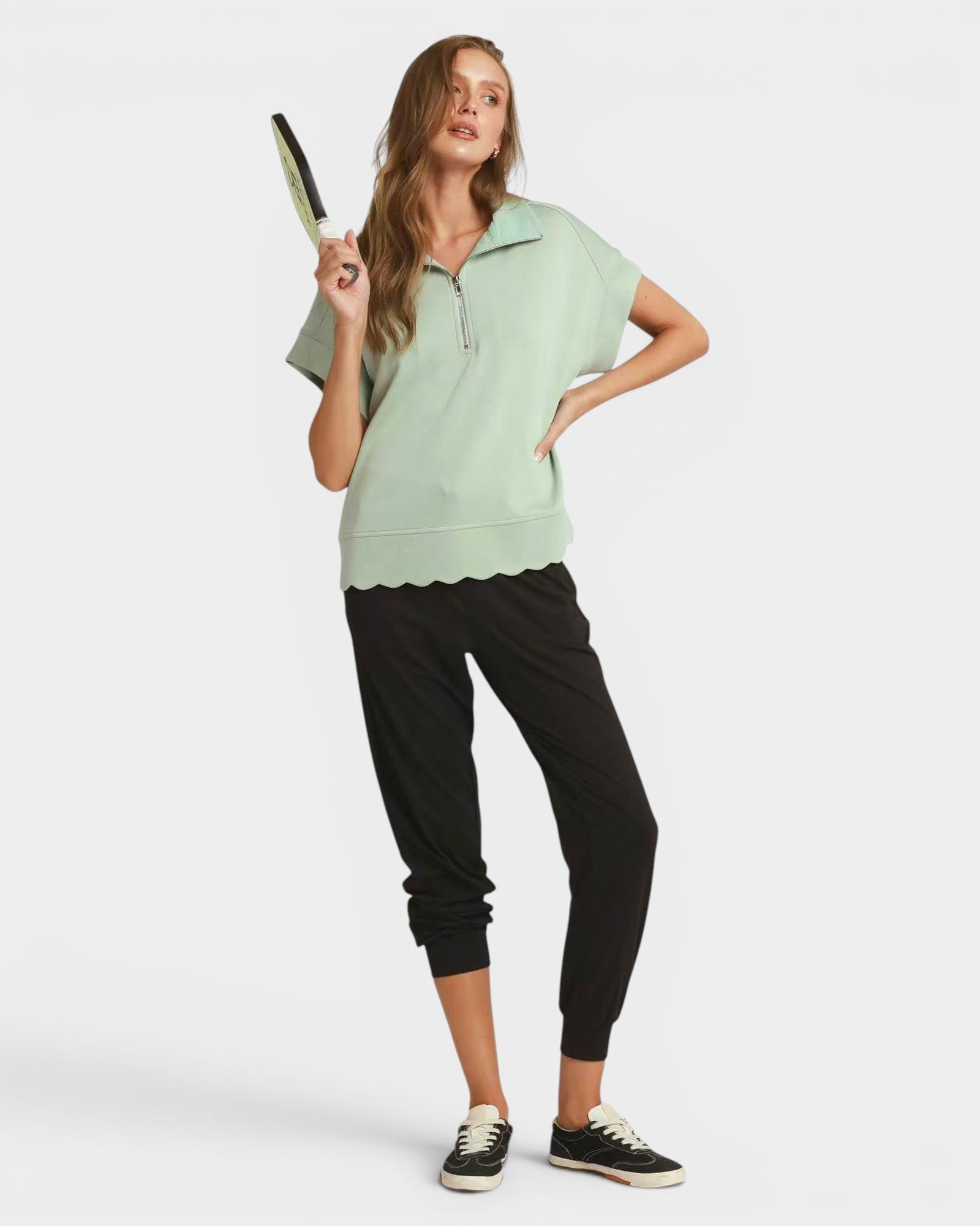 Sage Scallop Hem Quarter Zip Top