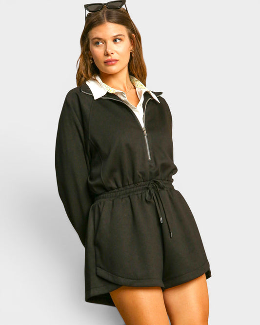 Black Half Zip Long Sleeve Romper