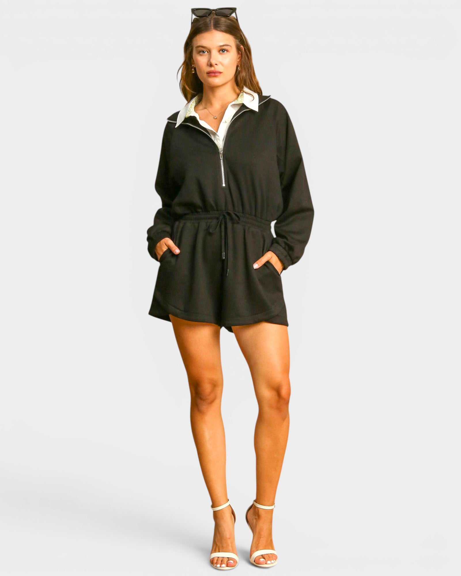 Black Half Zip Long Sleeve Romper