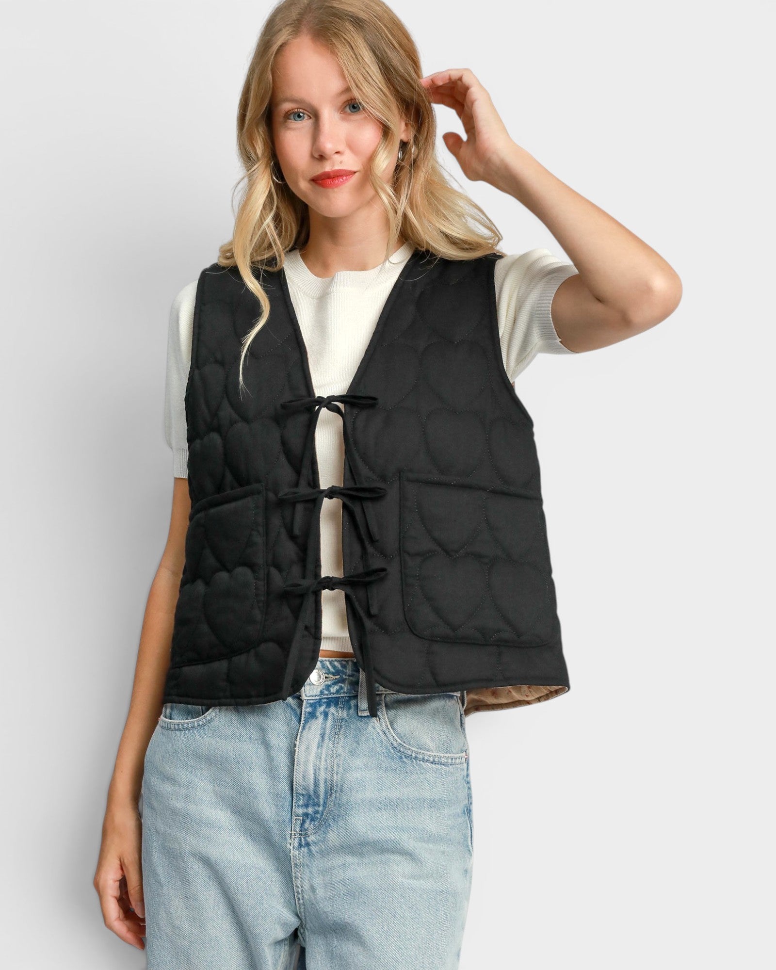 Black Heart Quilted Tie Front Vest