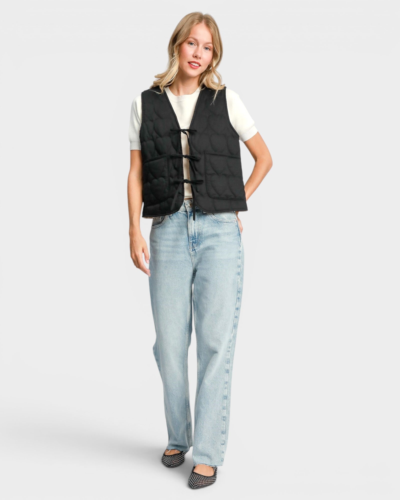 Black Heart Quilted Tie Front Vest