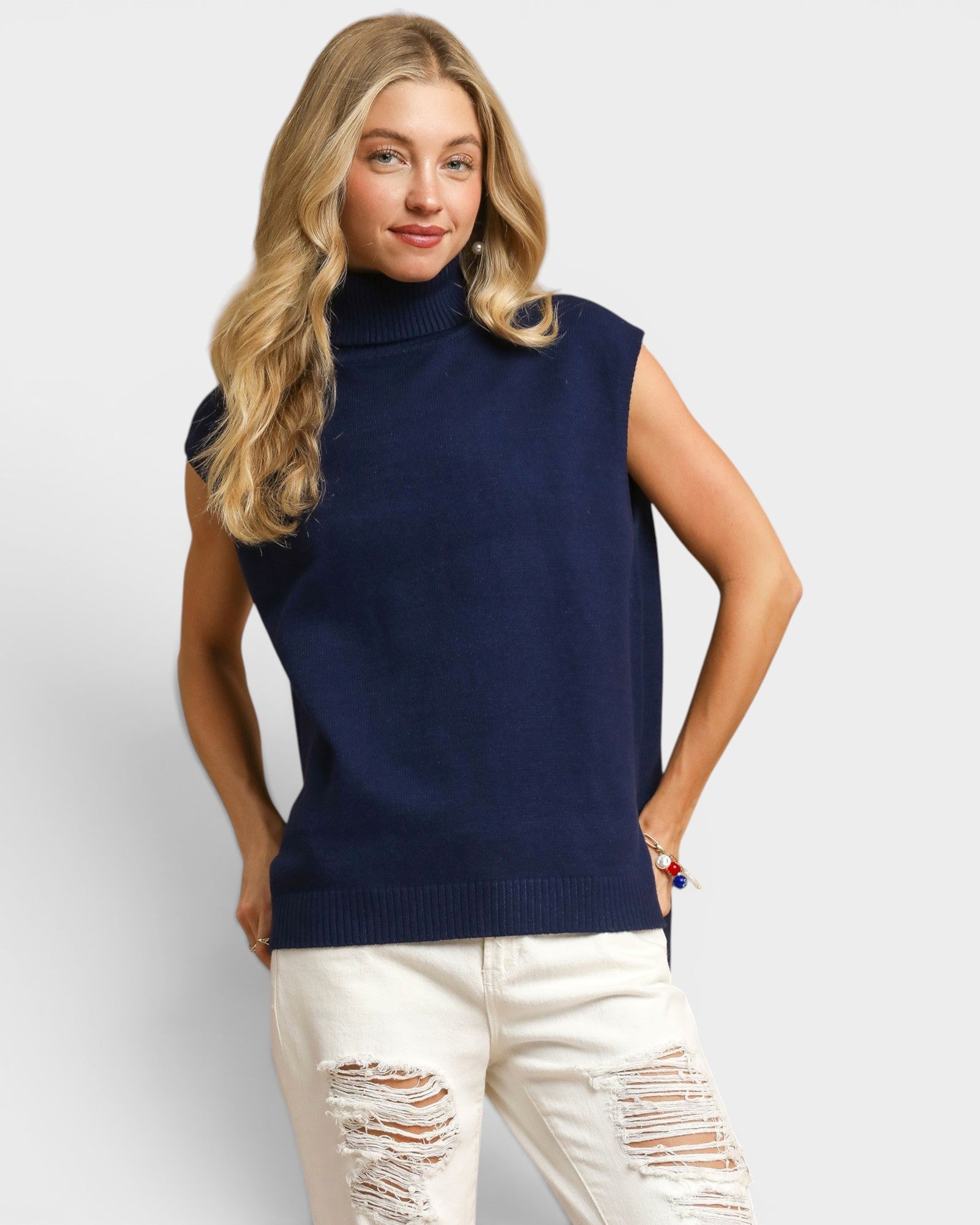 Navy Sleeveless Turtleneck Sweater