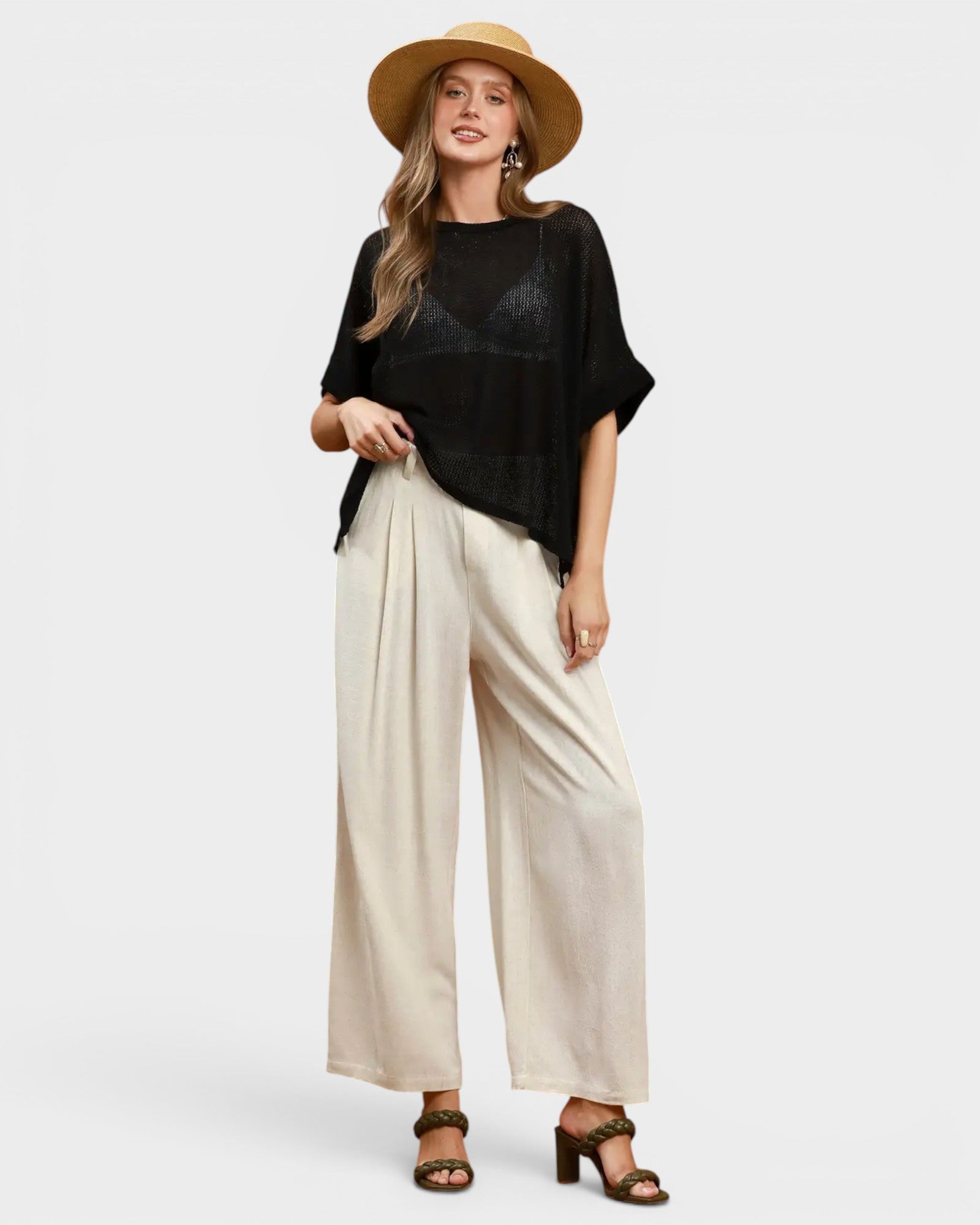 Oatmeal Linen Blend Wide Leg Pants
