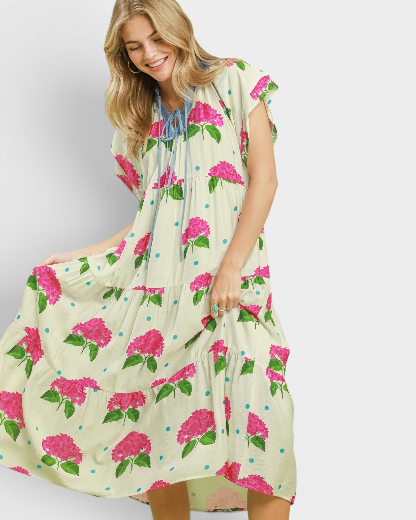 Ivory Hydrangea Print Midi Dress