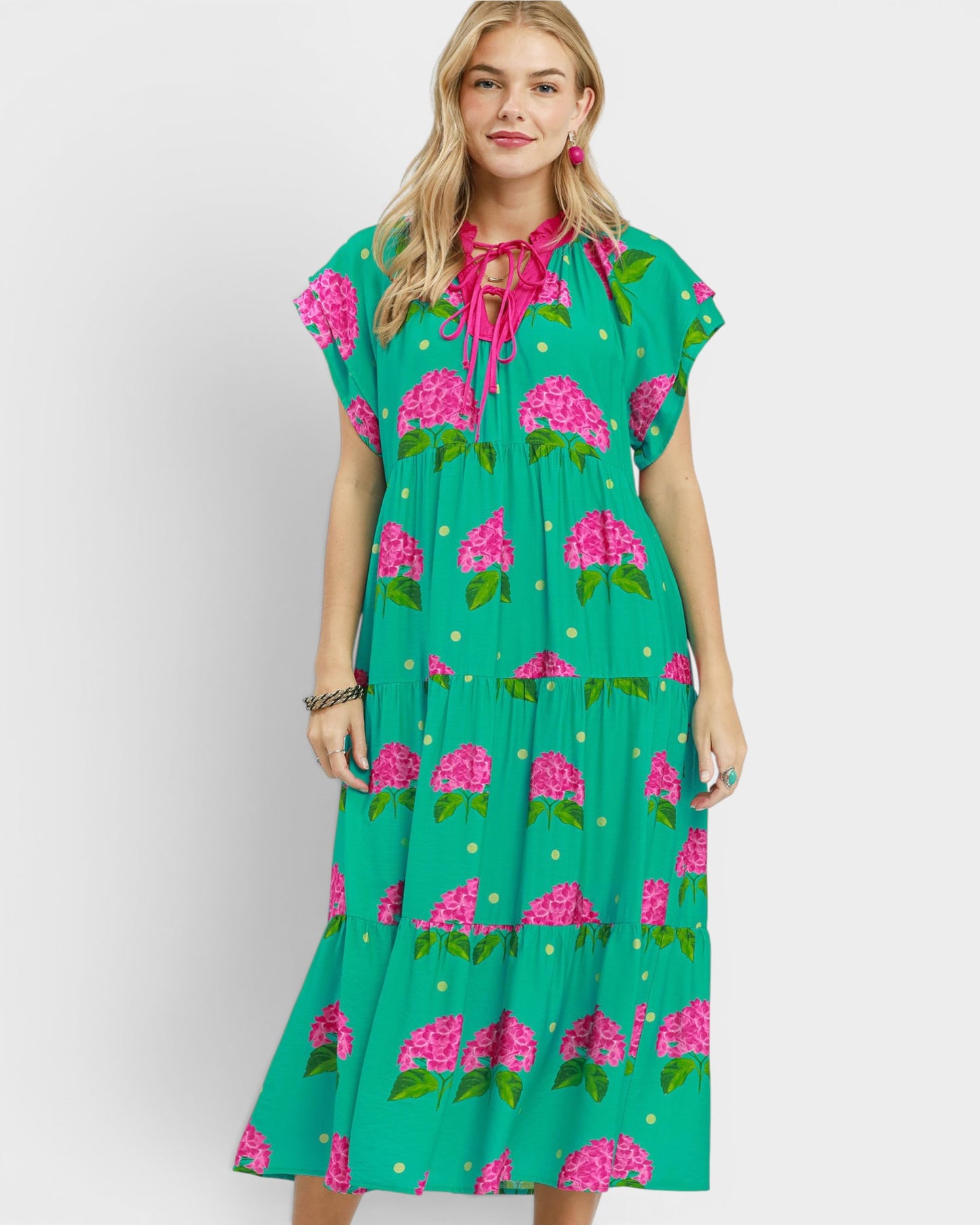 Teal Hydrangea Print Midi Dress