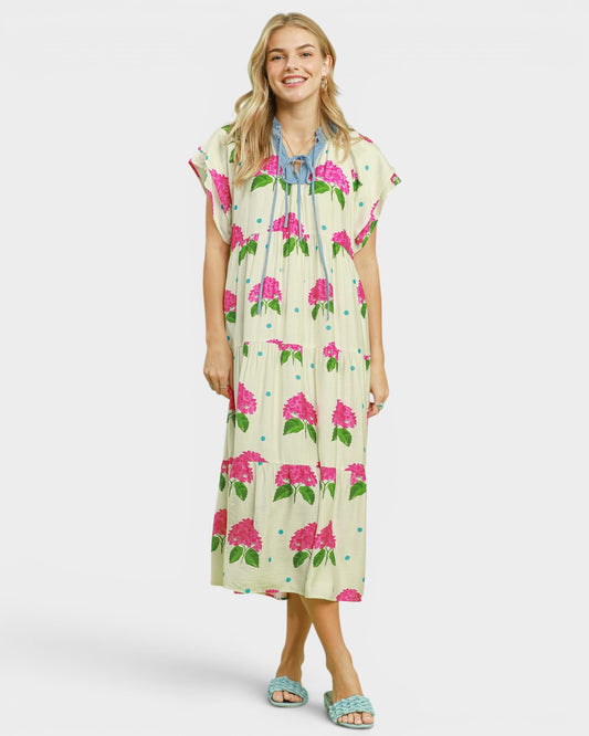 Ivory Hydrangea Print Midi Dress