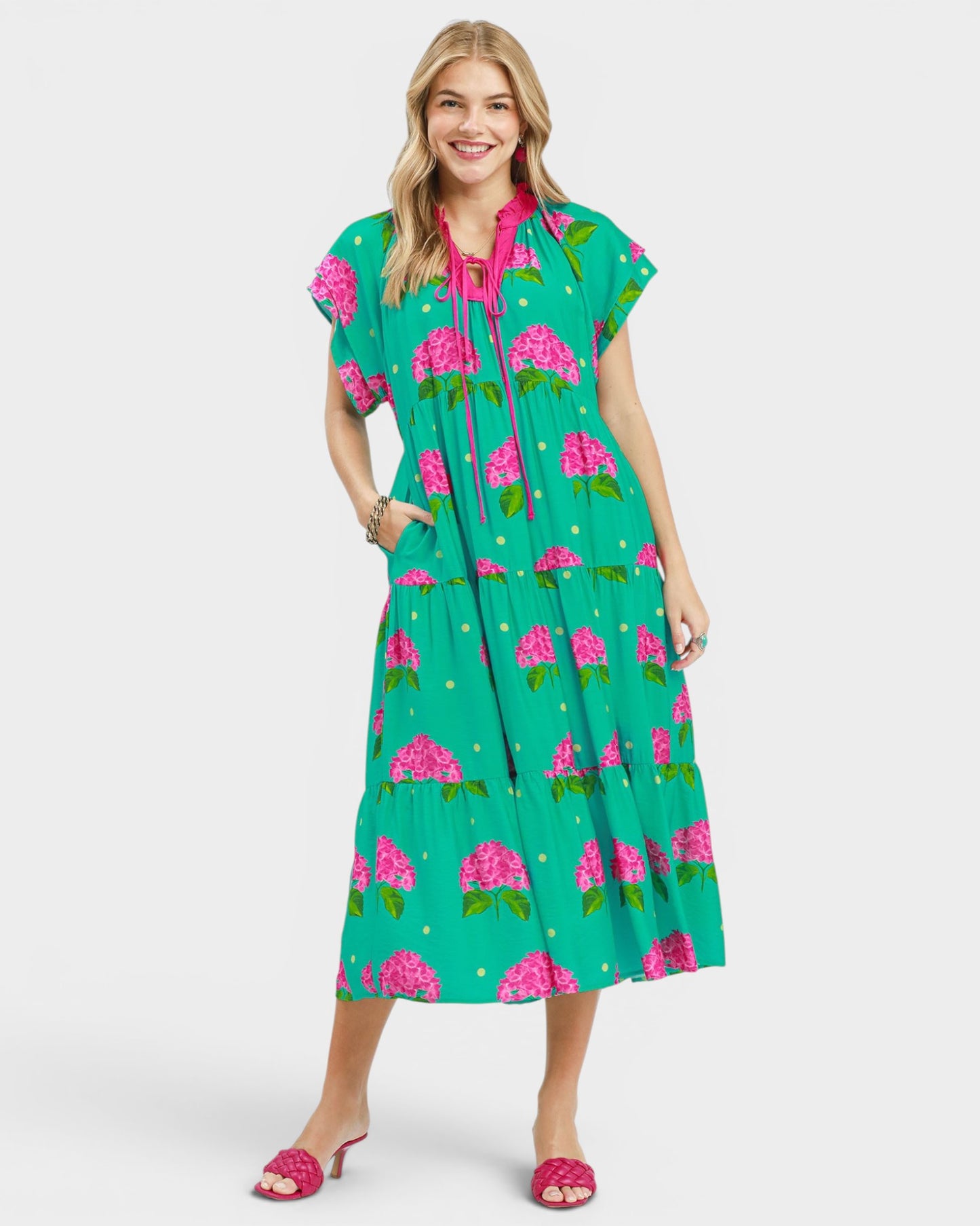 Teal Hydrangea Print Midi Dress
