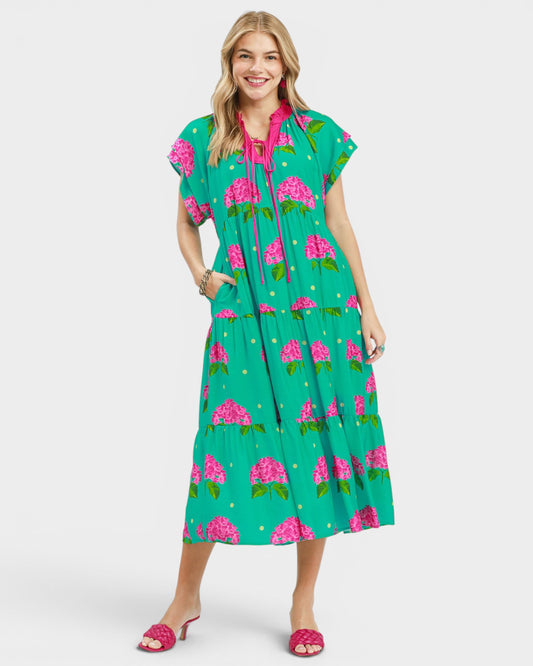 Teal Hydrangea Print Midi Dress