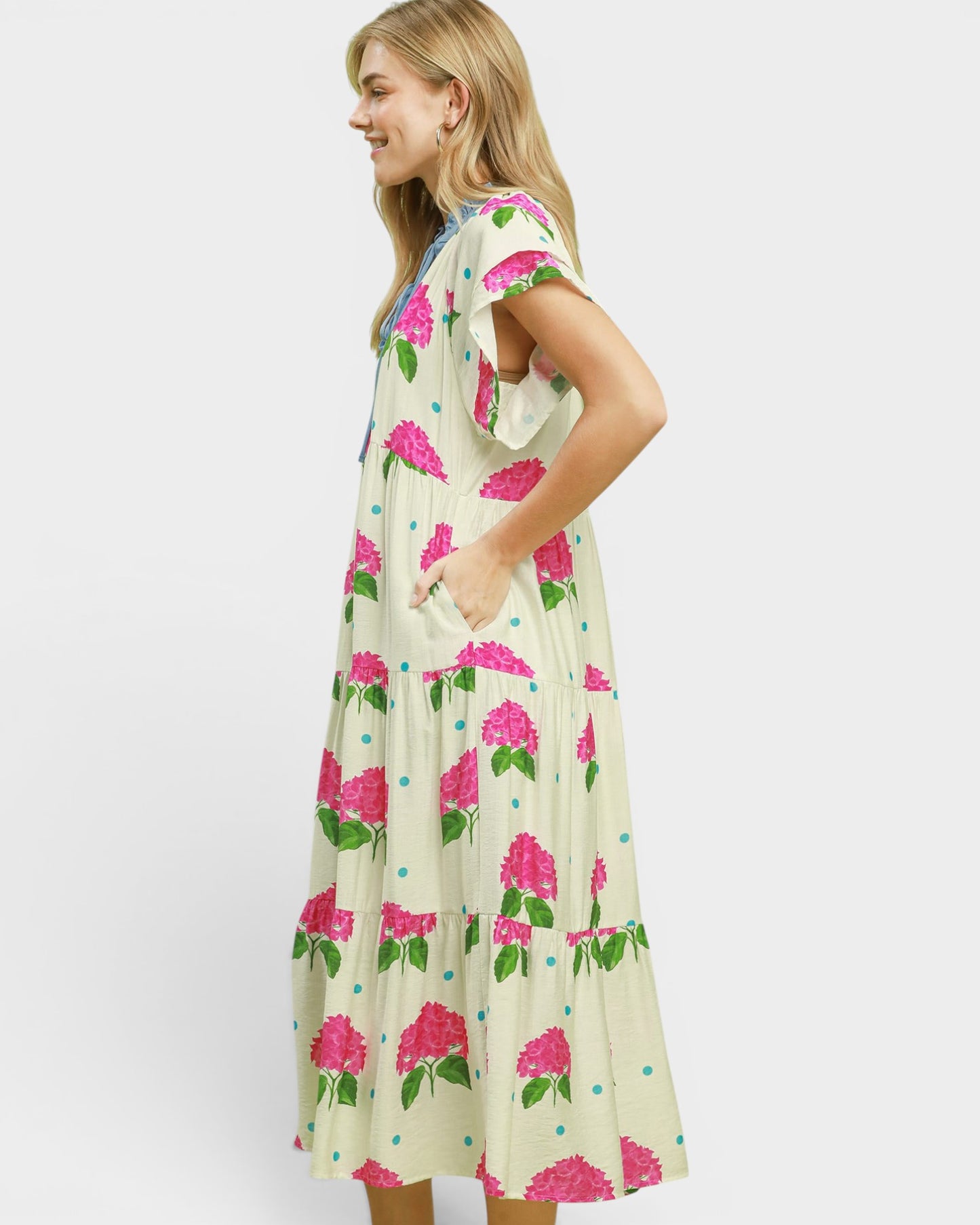 Ivory Hydrangea Print Midi Dress