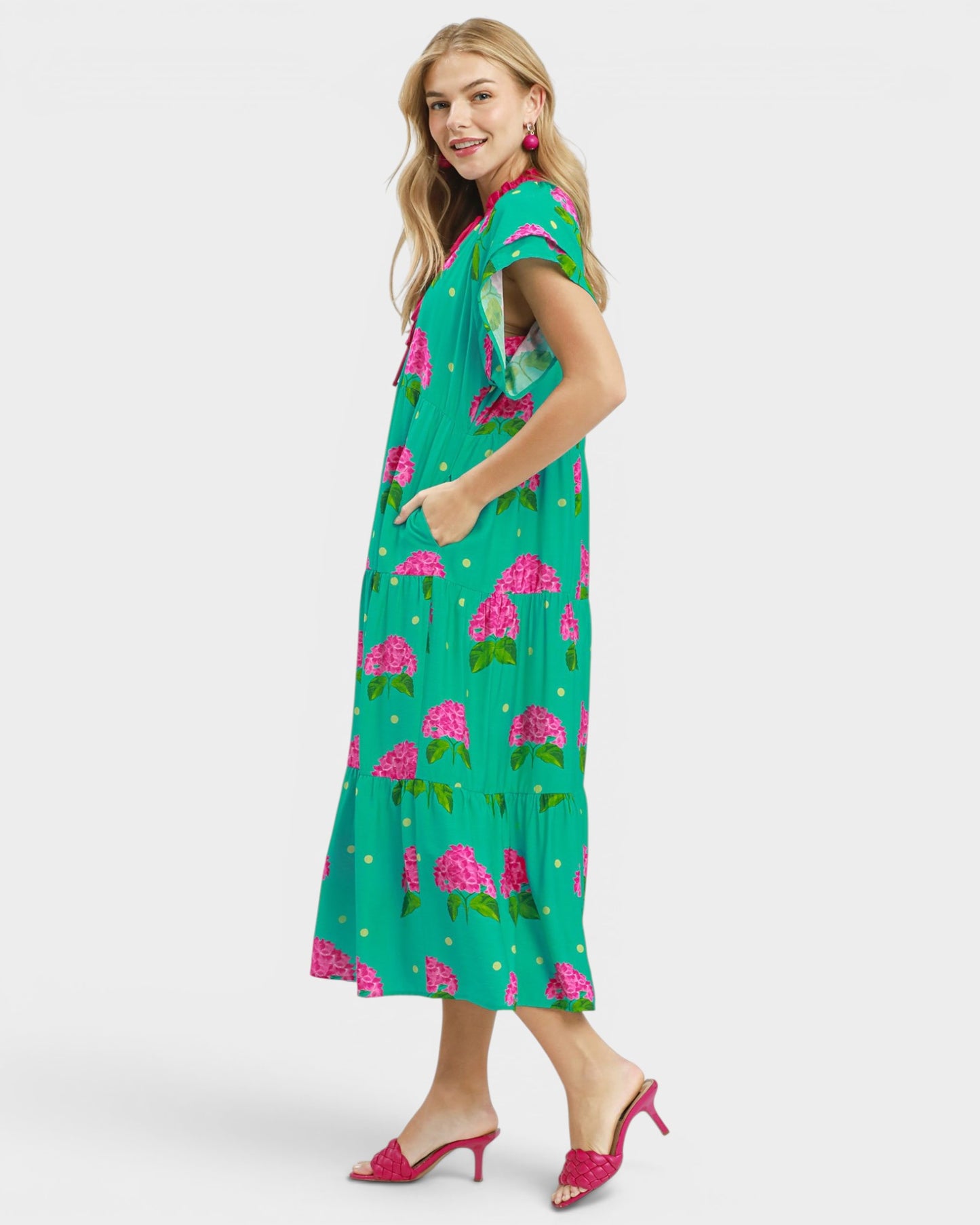 Teal Hydrangea Print Midi Dress