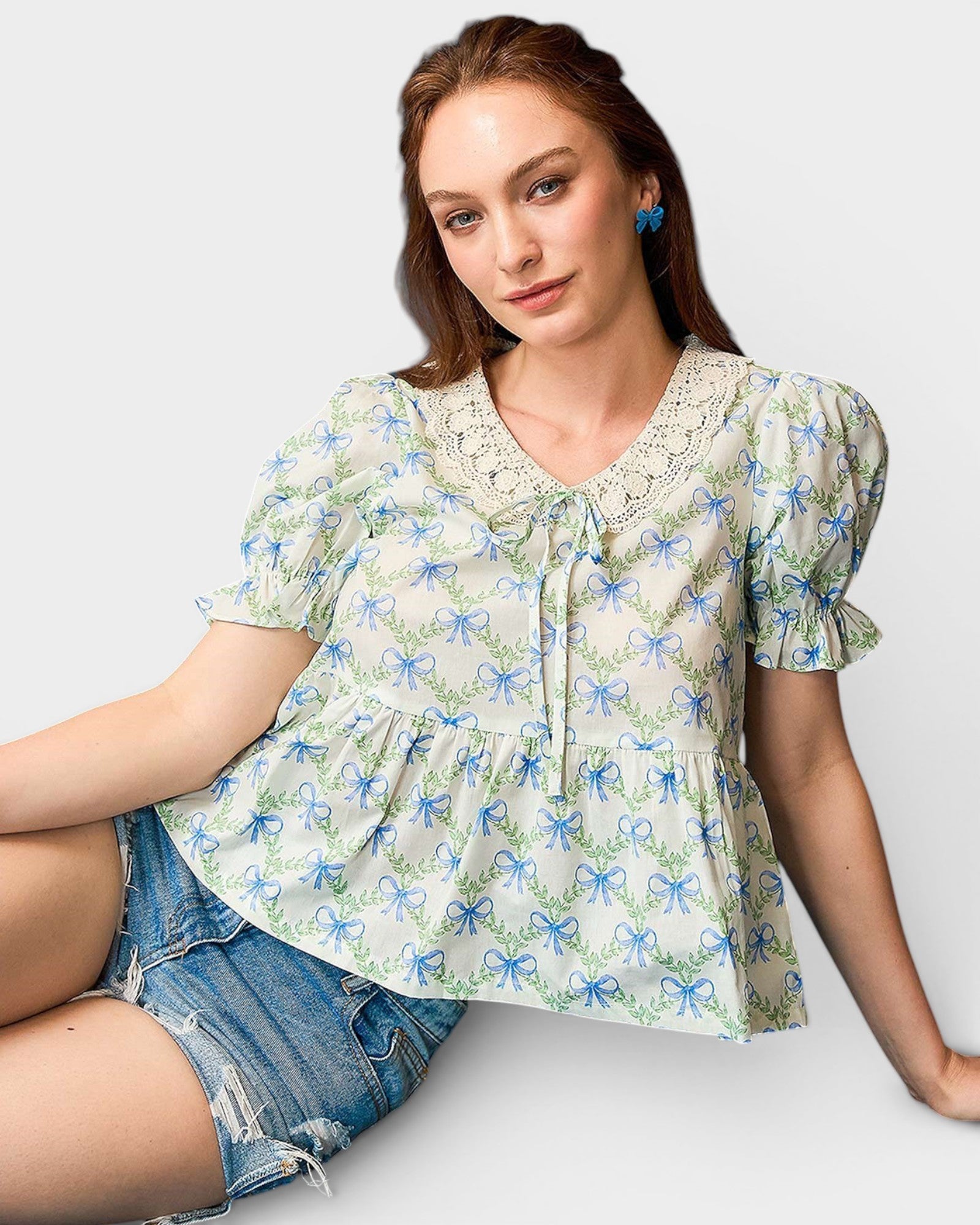 Ivory & Blue Bow Print Lace Collar Blouse