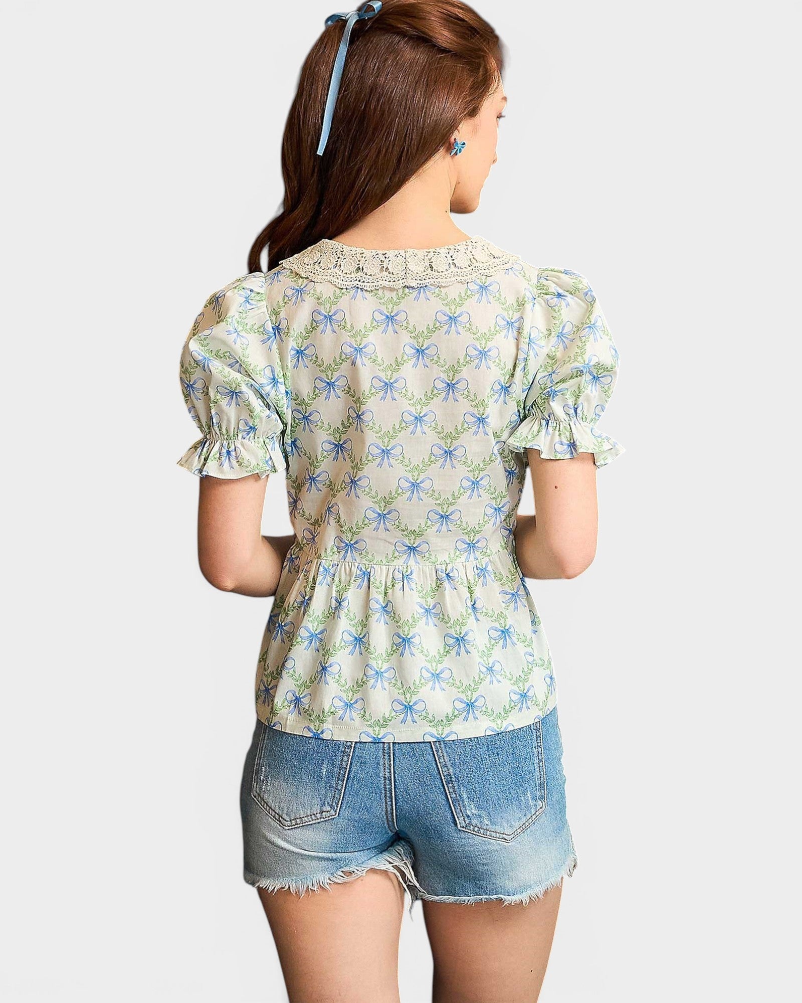 Ivory & Blue Bow Print Lace Collar Blouse