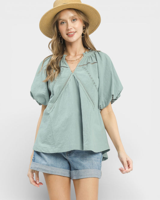 Sage Lace Detail Puff Sleeve Blouse