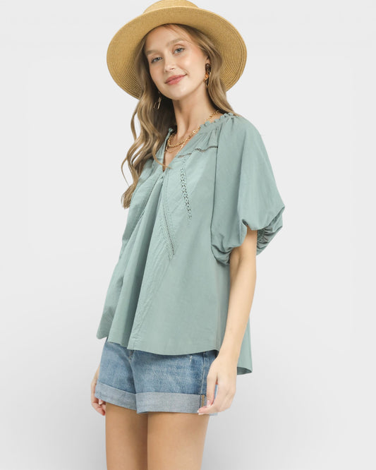 Sage Lace Detail Puff Sleeve Blouse