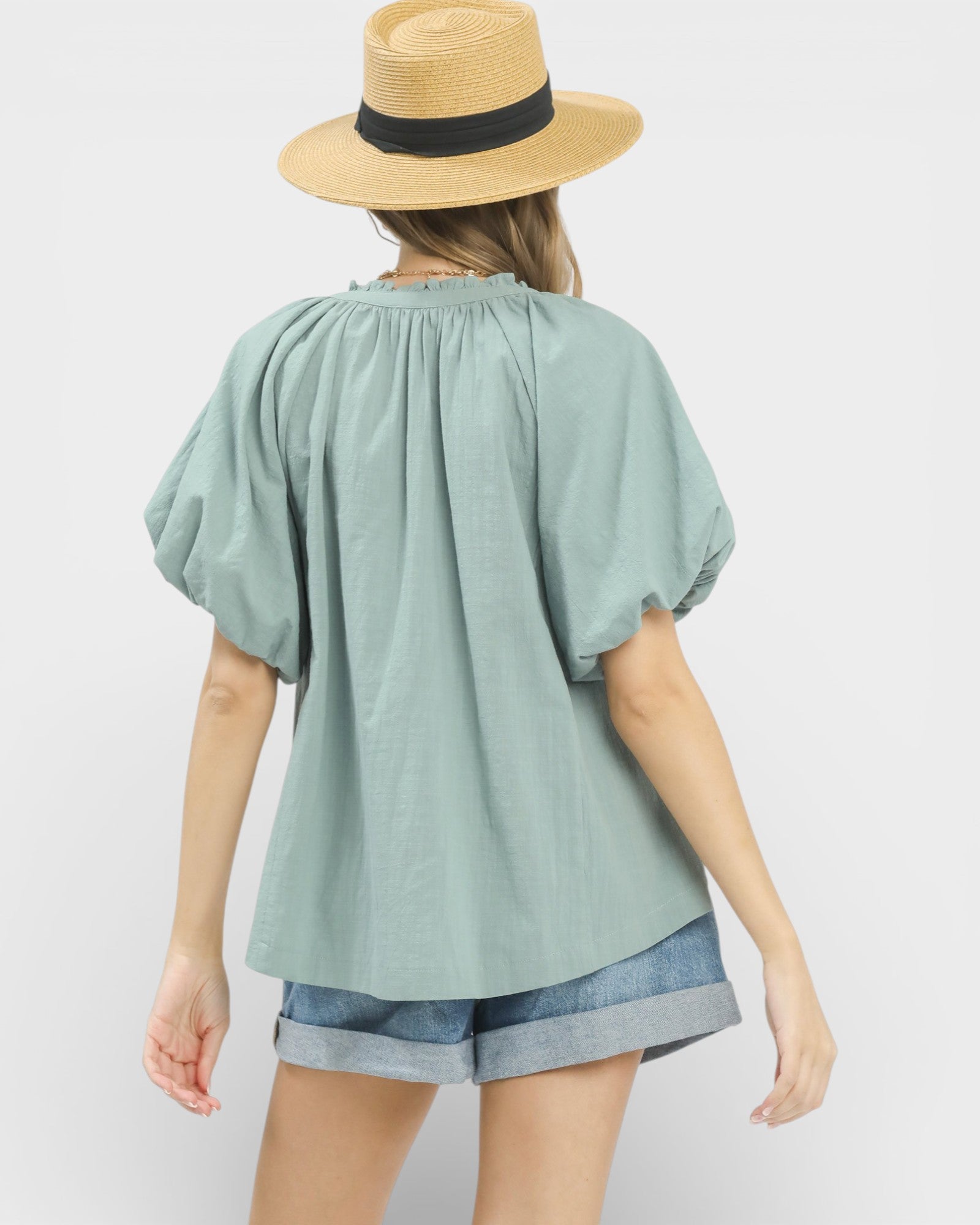 Sage Lace Detail Puff Sleeve Blouse