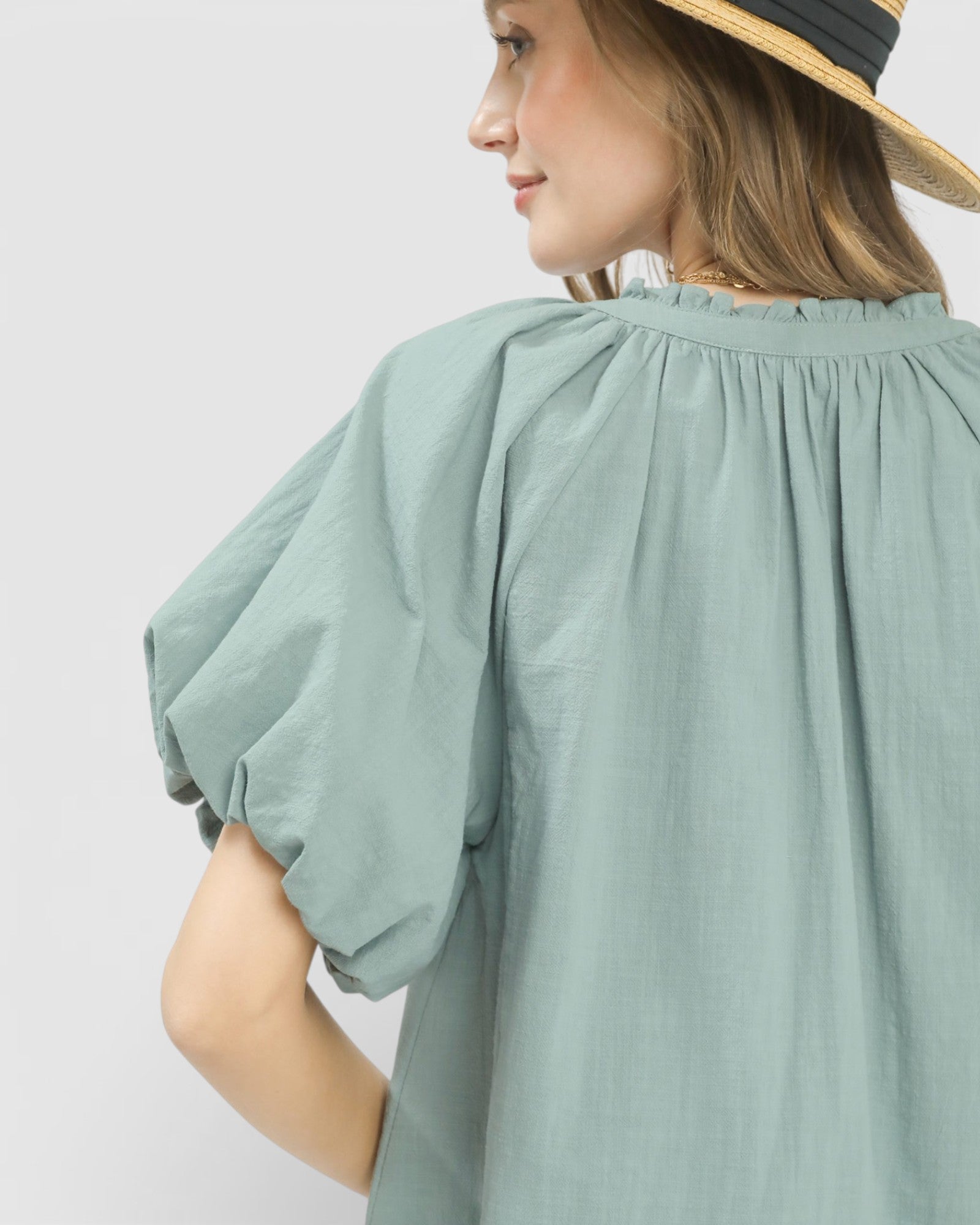 Sage Lace Detail Puff Sleeve Blouse