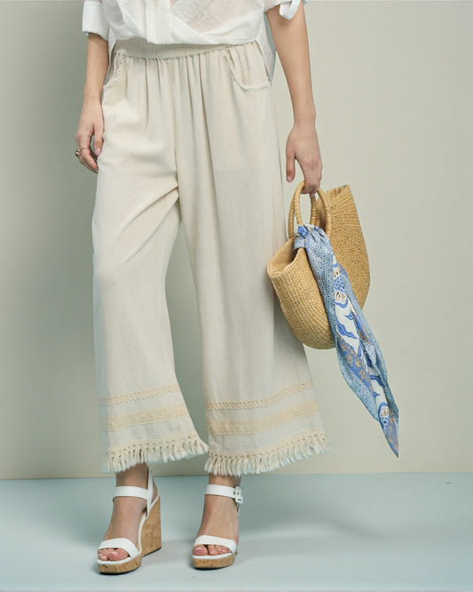 Oatmeal Lace-Trim Wide Leg Pants