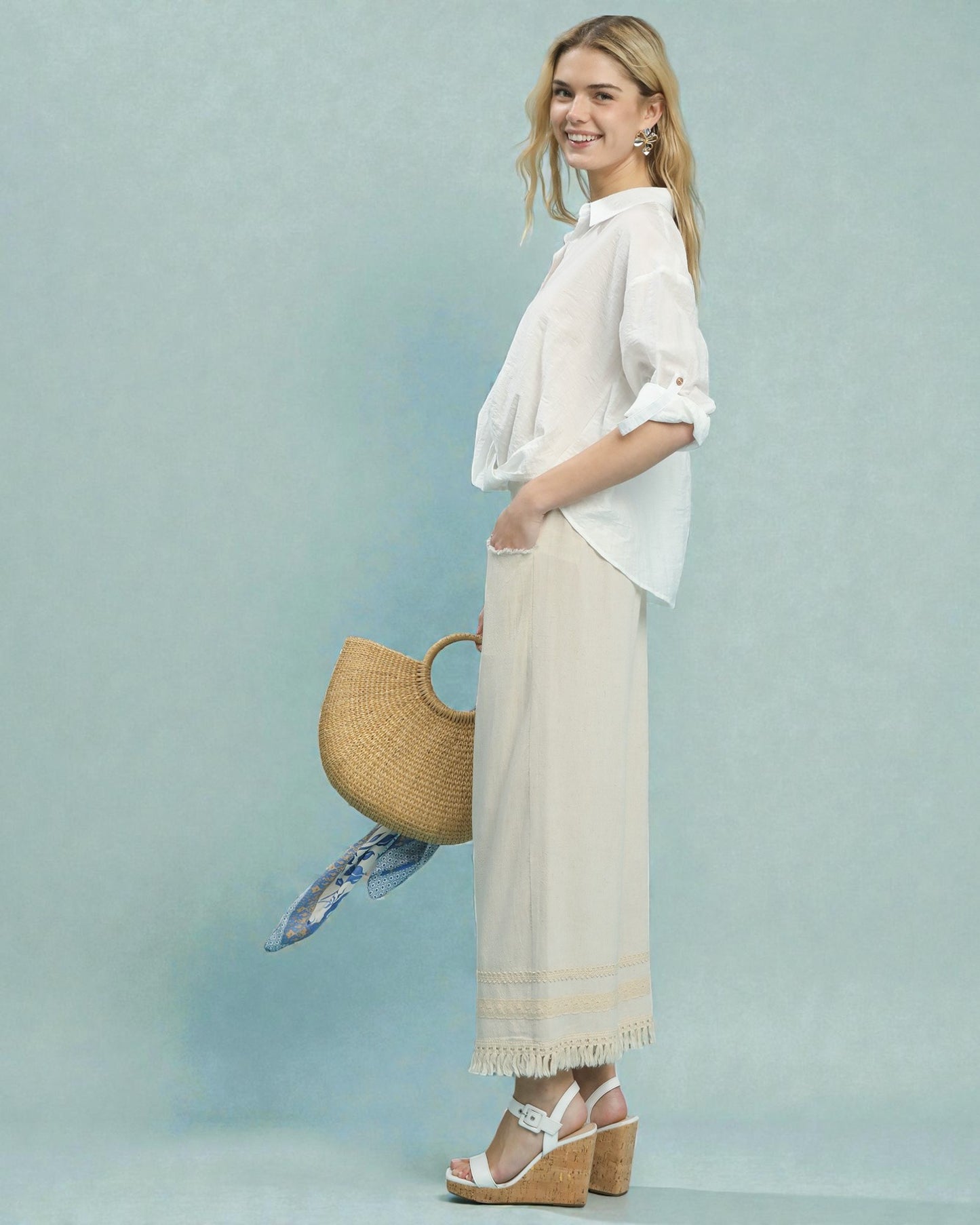 Oatmeal Lace-Trim Wide Leg Pants