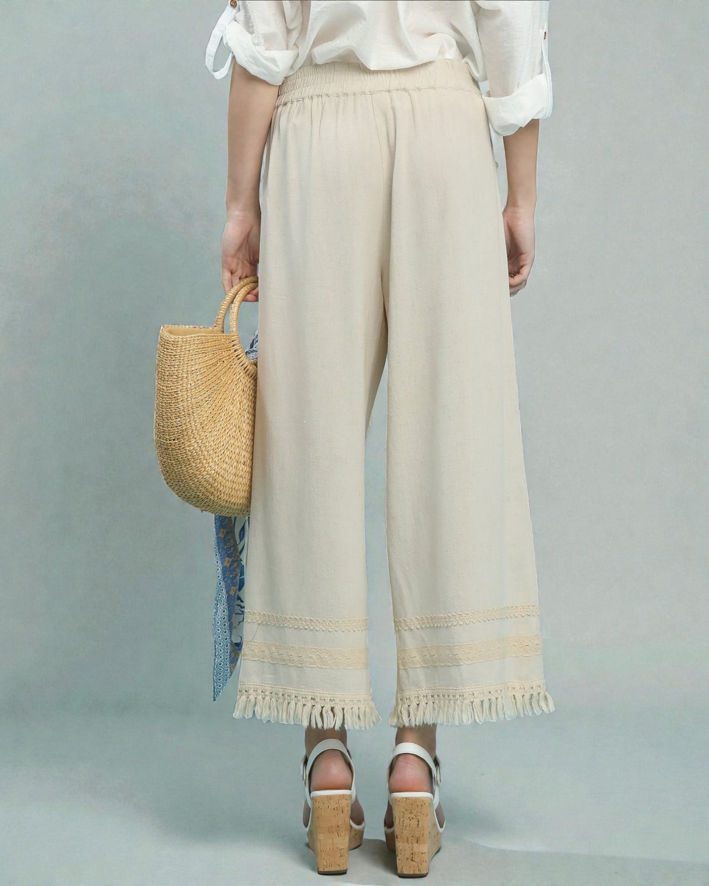 Oatmeal Lace-Trim Wide Leg Pants