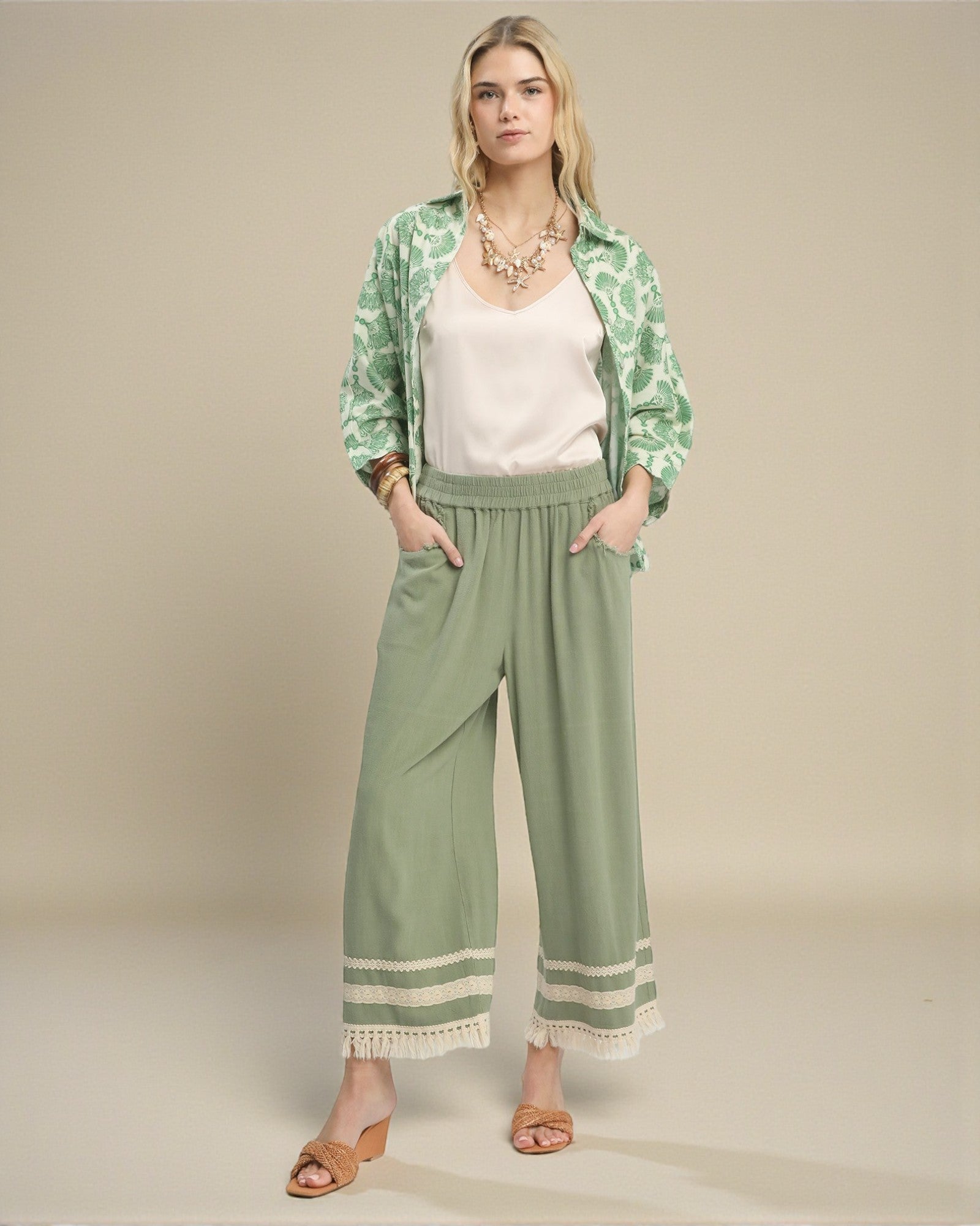 Sage Lace-Trim Wide Leg Pants