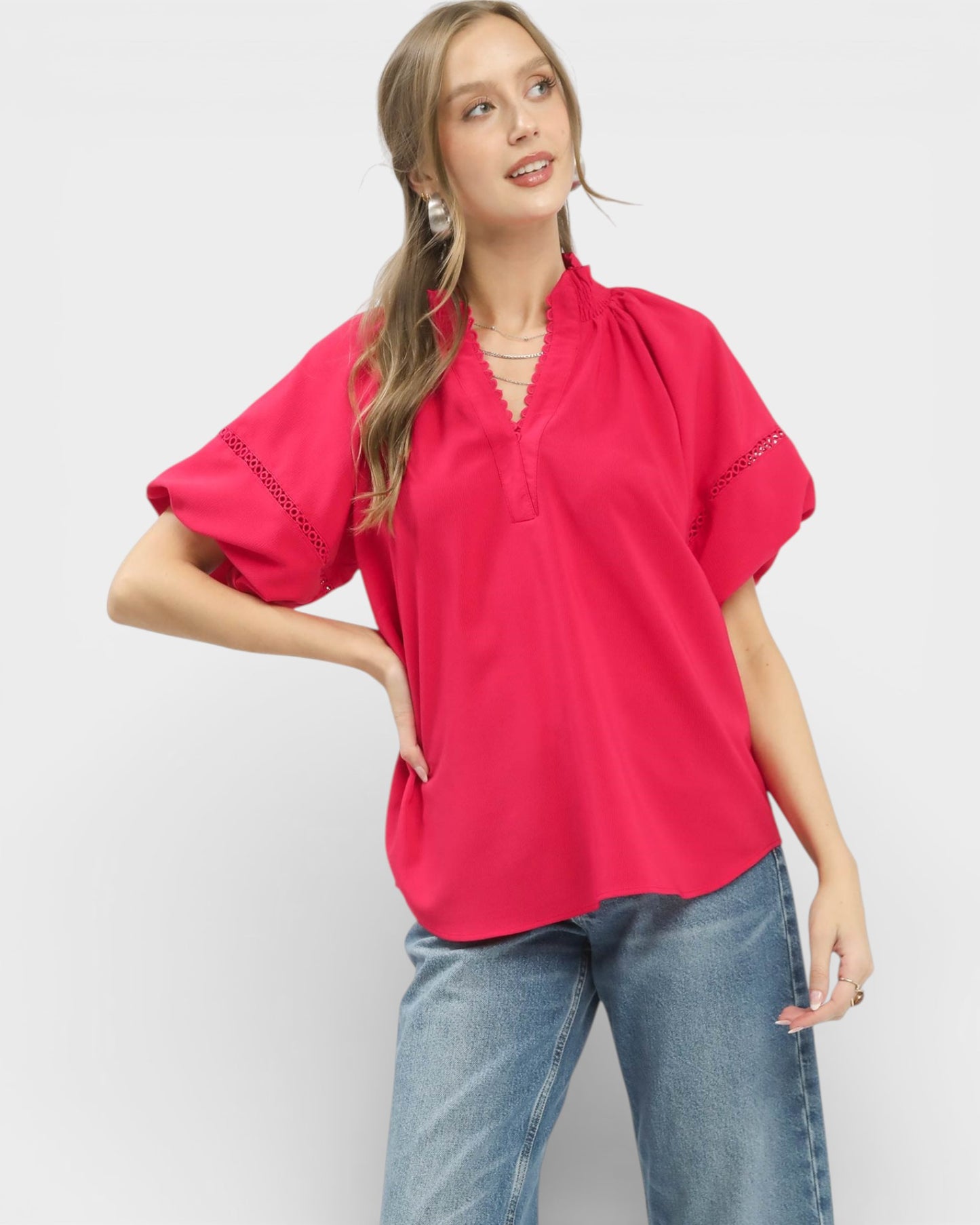 Watermelon Lace Trim Flutter Sleeve Blouse