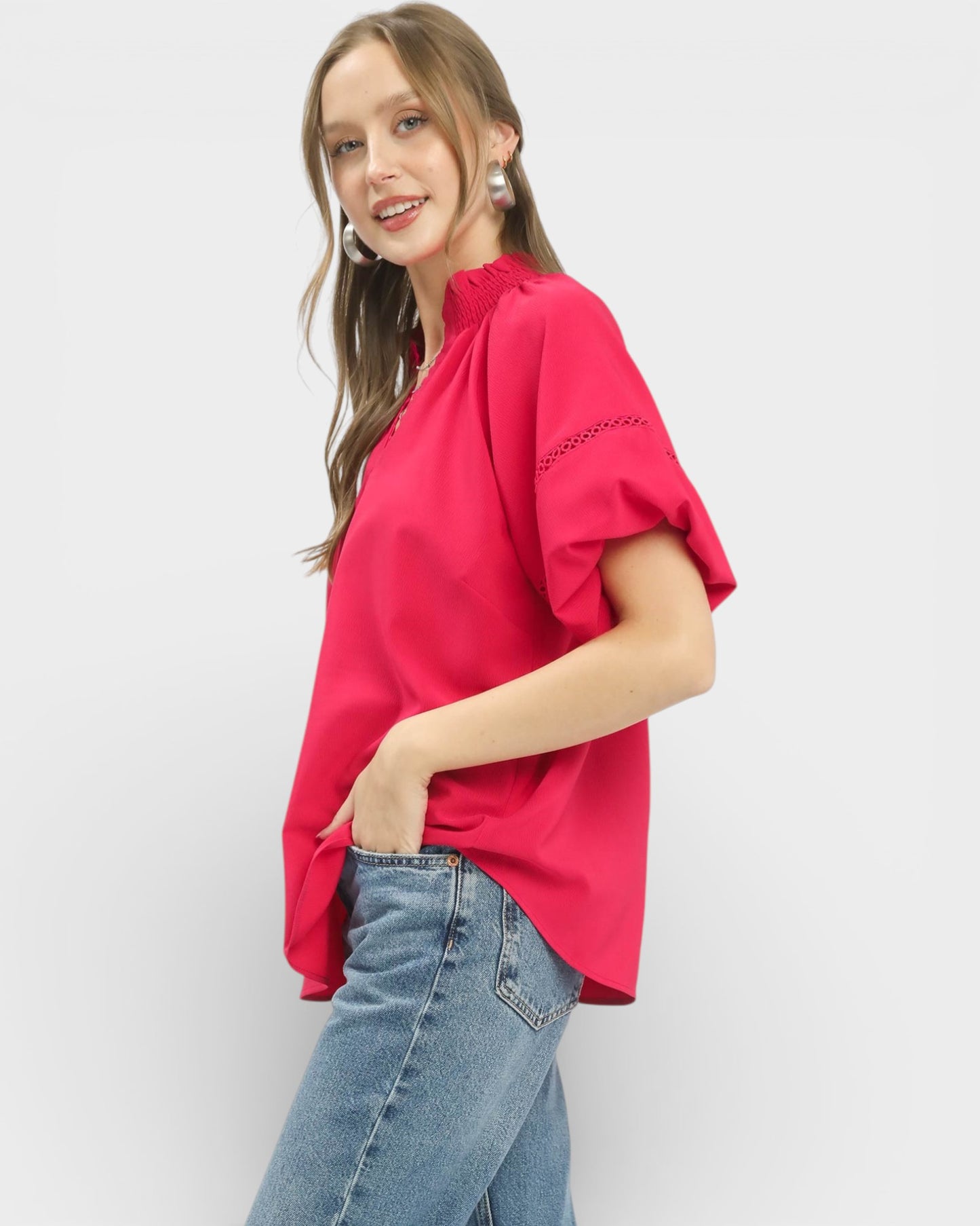 Watermelon Lace Trim Flutter Sleeve Blouse