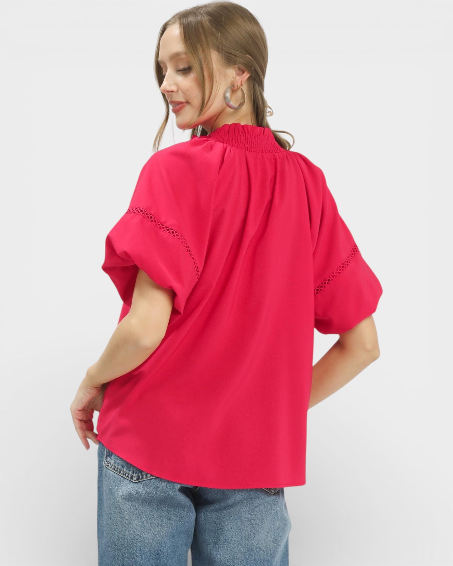 Watermelon Lace Trim Flutter Sleeve Blouse