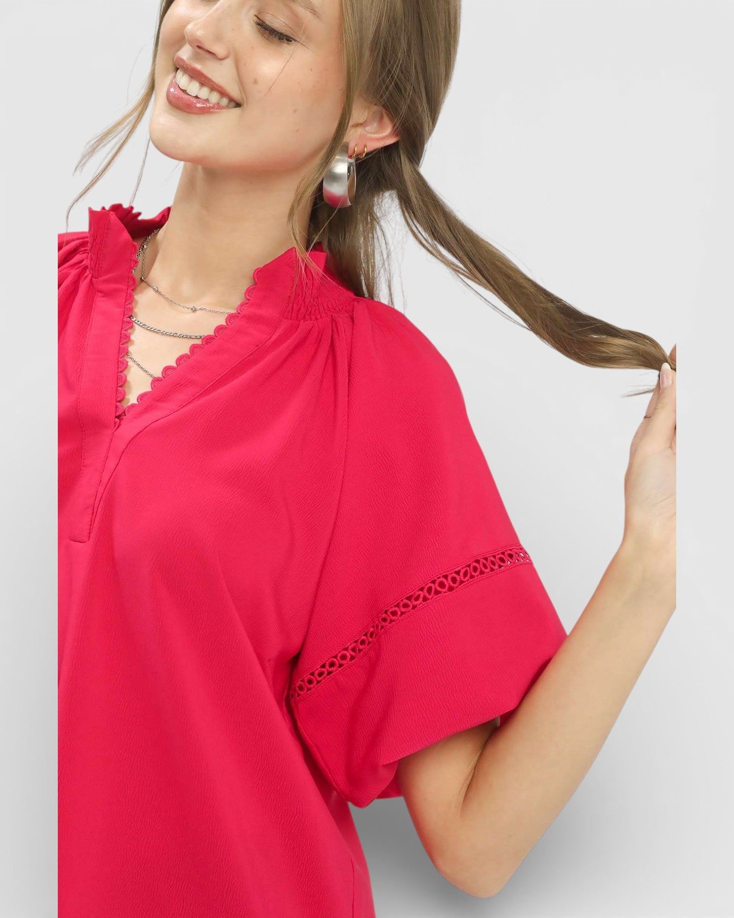 Watermelon Lace Trim Flutter Sleeve Blouse