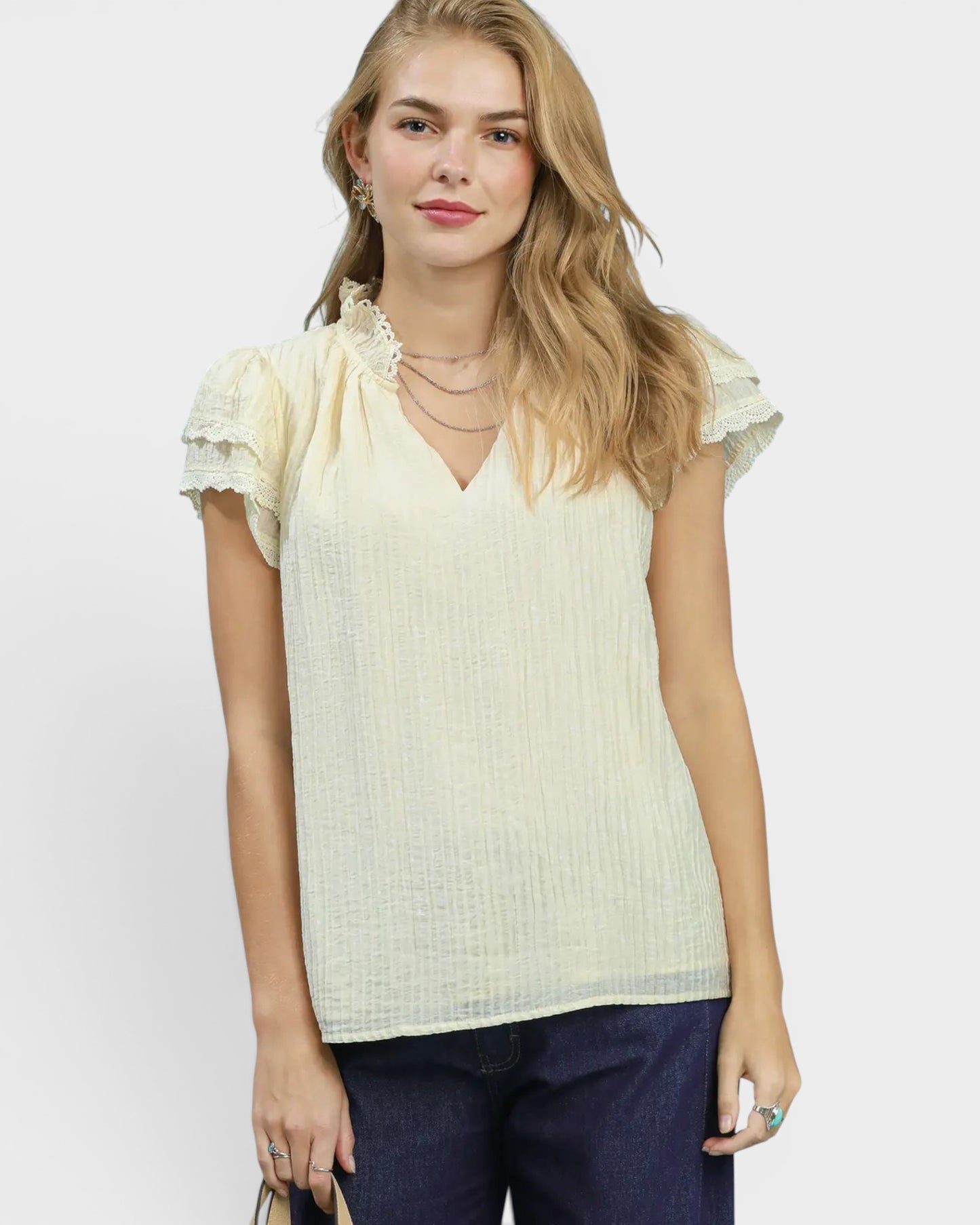 Ivory Lace Trim Textured Flutter Sleeve Top