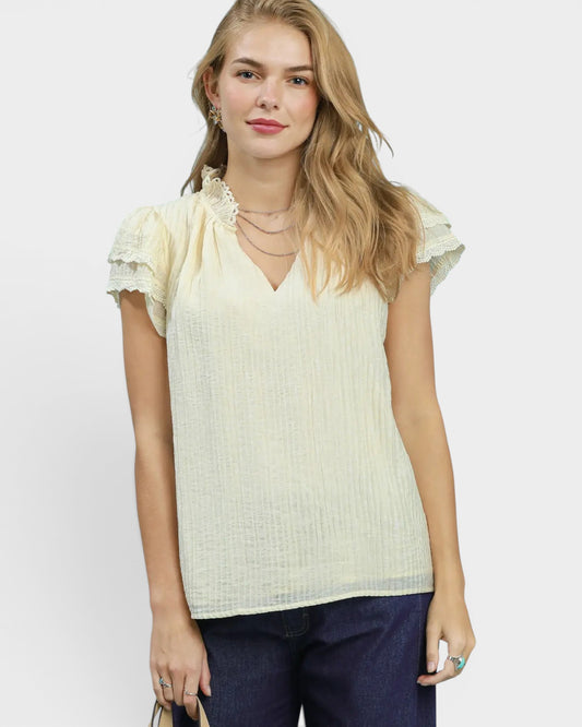 Ivory Lace Trim Textured Flutter Sleeve Top
