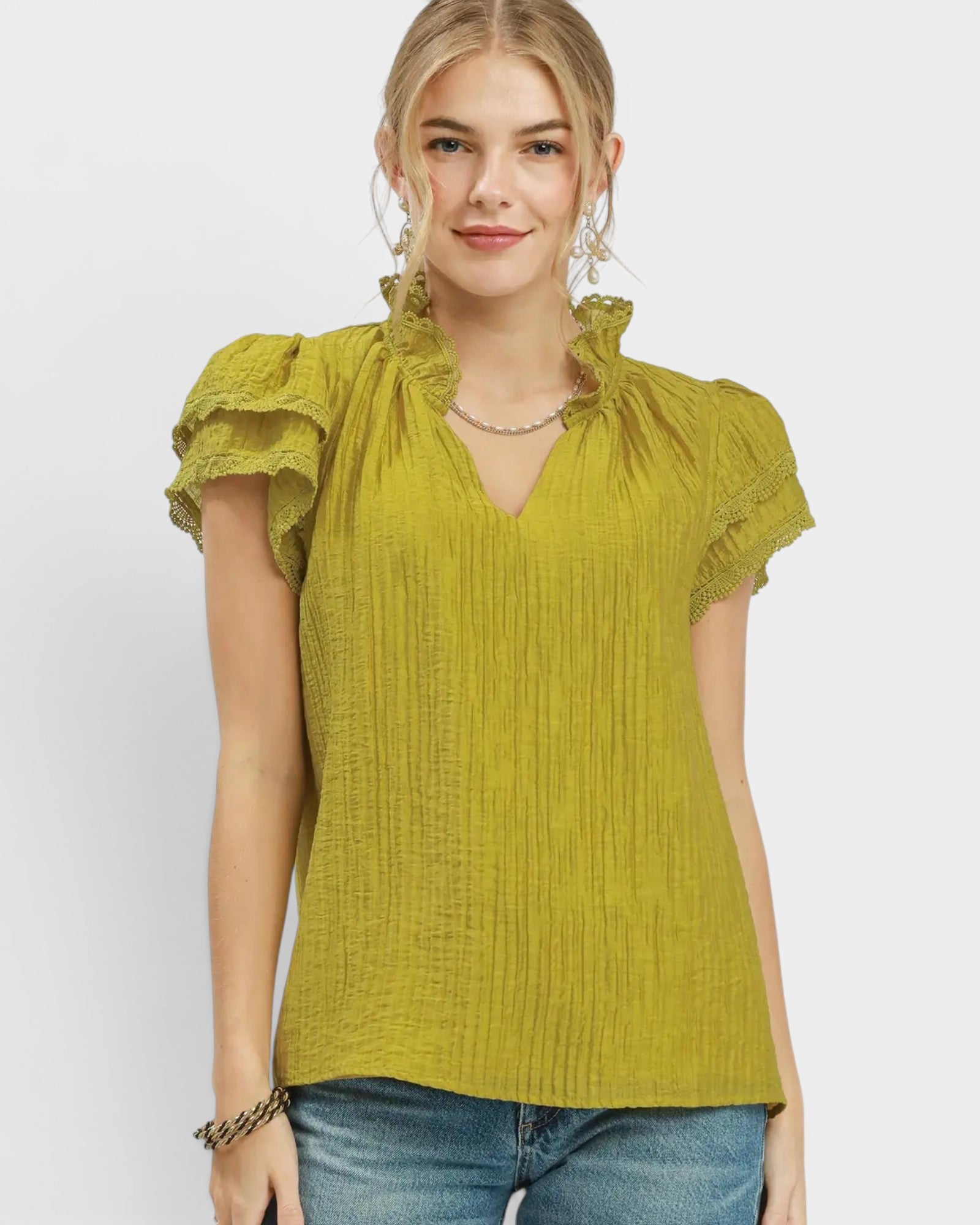 Chartreuse Lace Trim Textured Flutter Sleeve Top