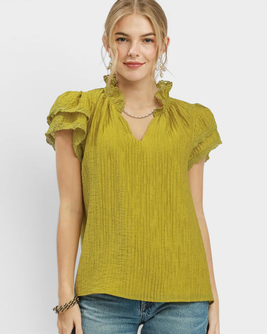 Chartreuse Lace Trim Textured Flutter Sleeve Top