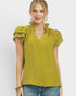 Chartreuse Lace Trim Textured Flutter Sleeve Top