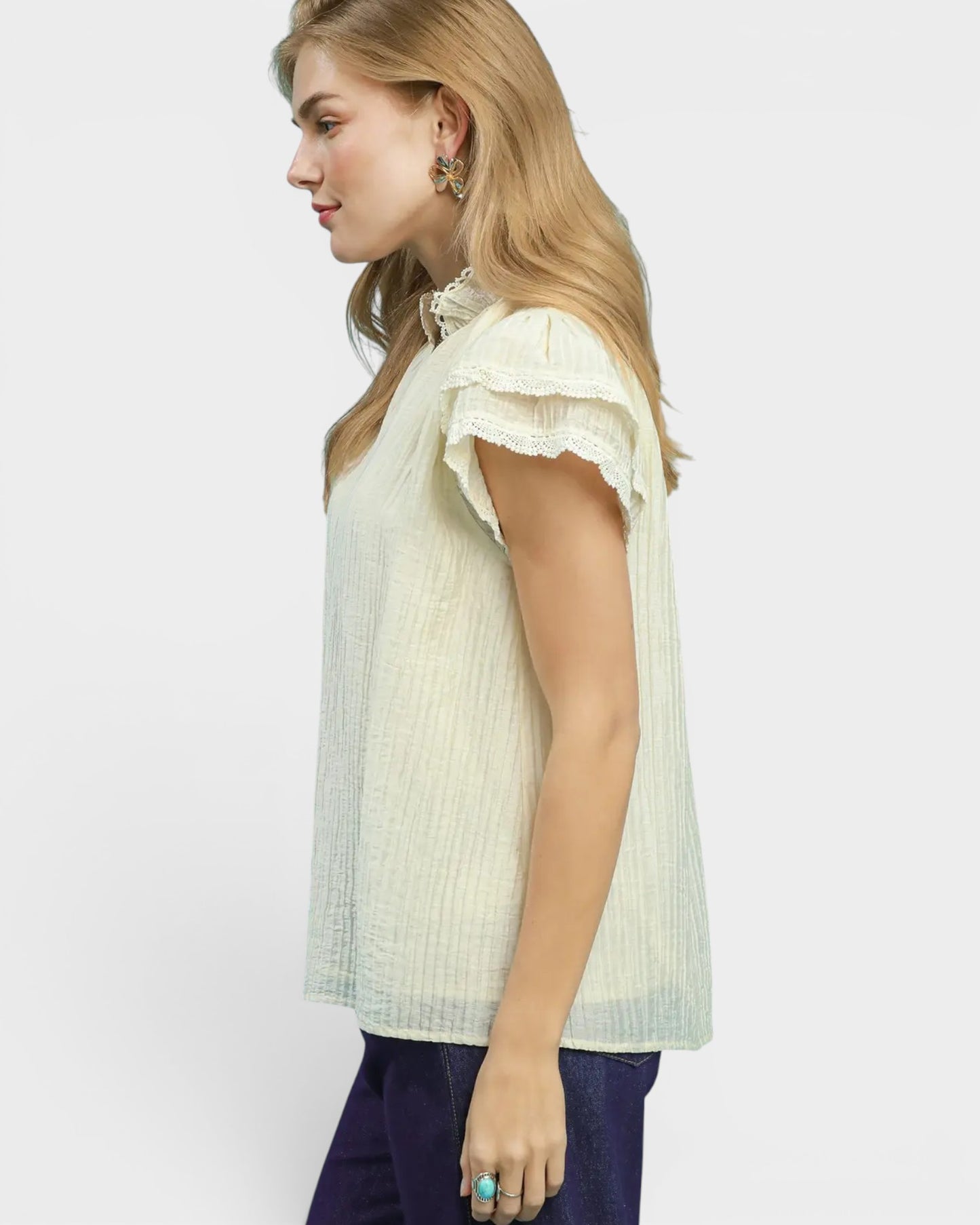 Ivory Lace Trim Textured Flutter Sleeve Top