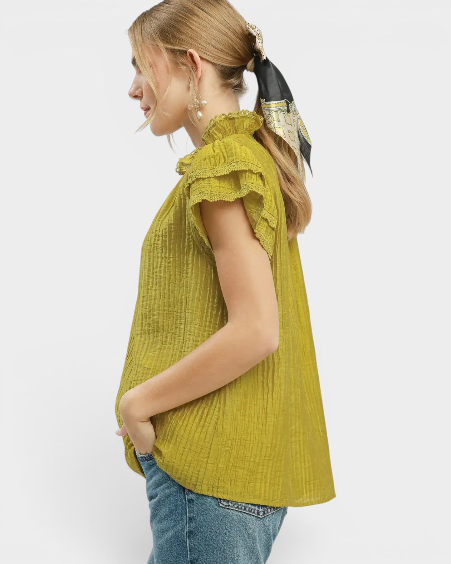 Chartreuse Lace Trim Textured Flutter Sleeve Top