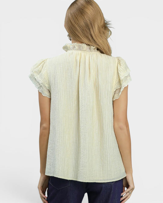 Ivory Lace Trim Textured Flutter Sleeve Top