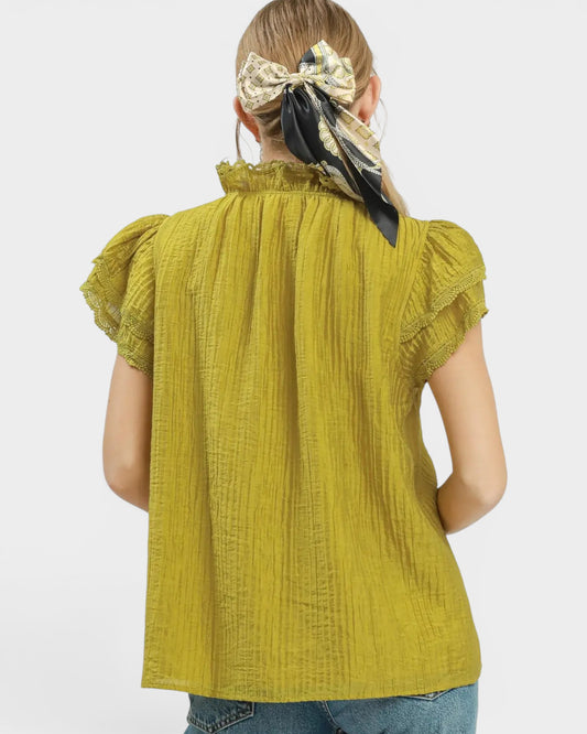 Chartreuse Lace Trim Textured Flutter Sleeve Top