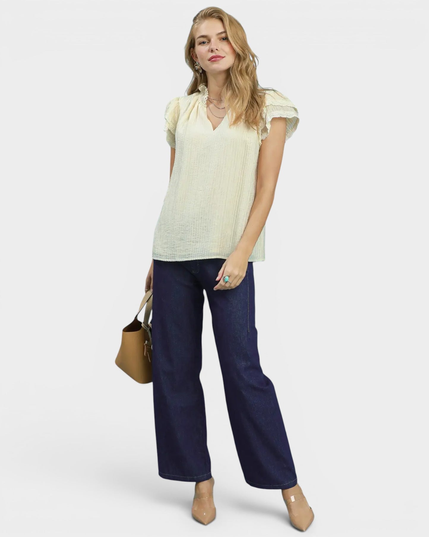 Ivory Lace Trim Textured Flutter Sleeve Top