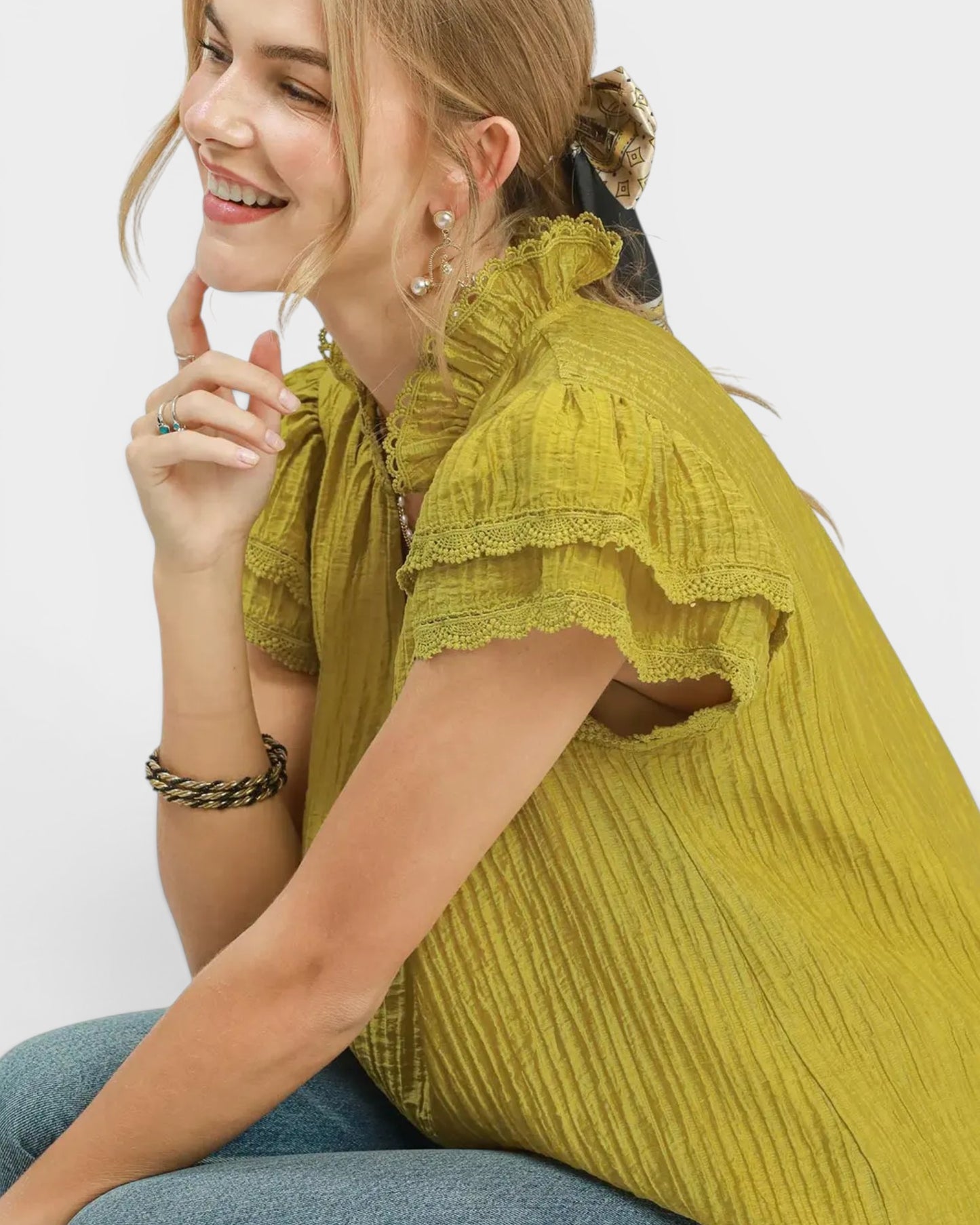 Chartreuse Lace Trim Textured Flutter Sleeve Top